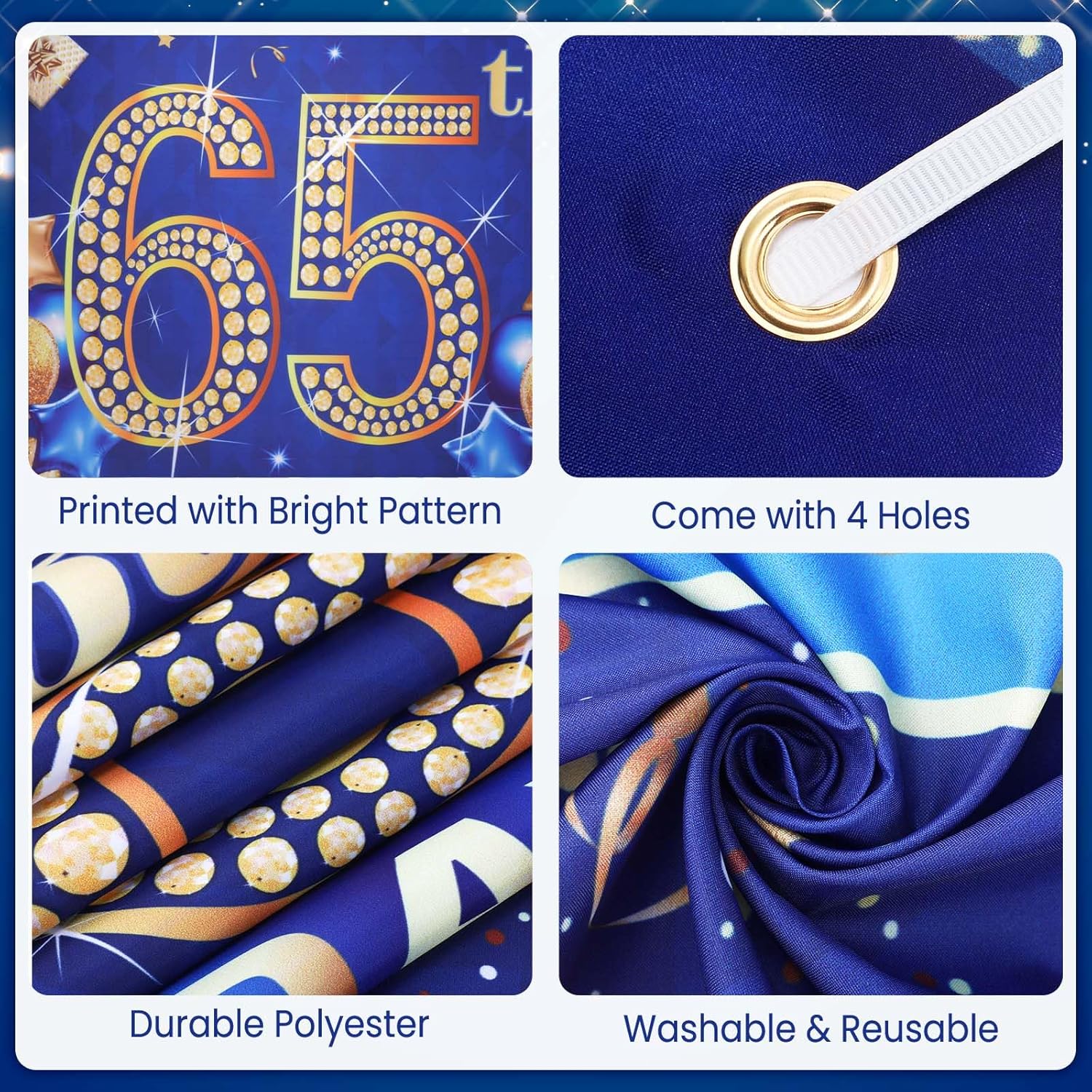 RUMIA 65th Birthday Party Decorations for Men Navy Blue Gold Happy Banner with 18pcs Balloons Door Cover Backdrop Women Anniversary Sign Porch Decor Supplies