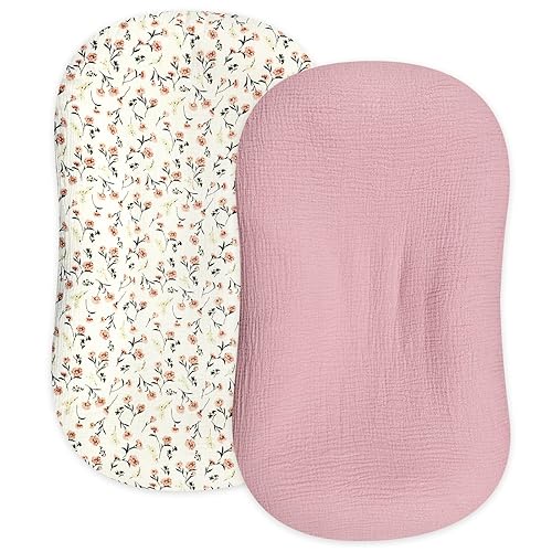 Hooyax Muslin Baby Lounger Cover 2 Pack, Organic Removable Slipcover for Newborn, Infant Floor Seat Covers for Boys Girls (Flesh Pink & Floral) - Pink, Floral