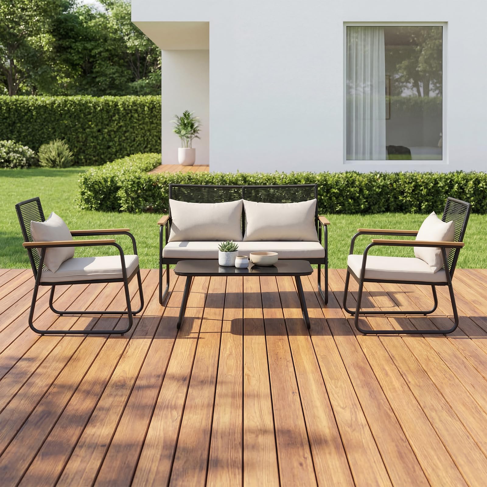 Polyrattan Gartenmöbel Set 3-4 Personen, Gartensofa Set mit Tisch & Kissen, Wetterfest & UV-beständig, Balkonmöbel Sitzgruppe für Terrasse & Garten