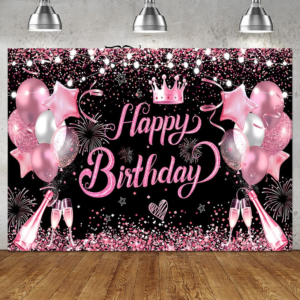 DOTOOMA 7X5FT Pink And Black Glitter Birthday Decorations Women Happy Birthday Sign Photography Backdrop Champagne Balloon Celebration Decorations