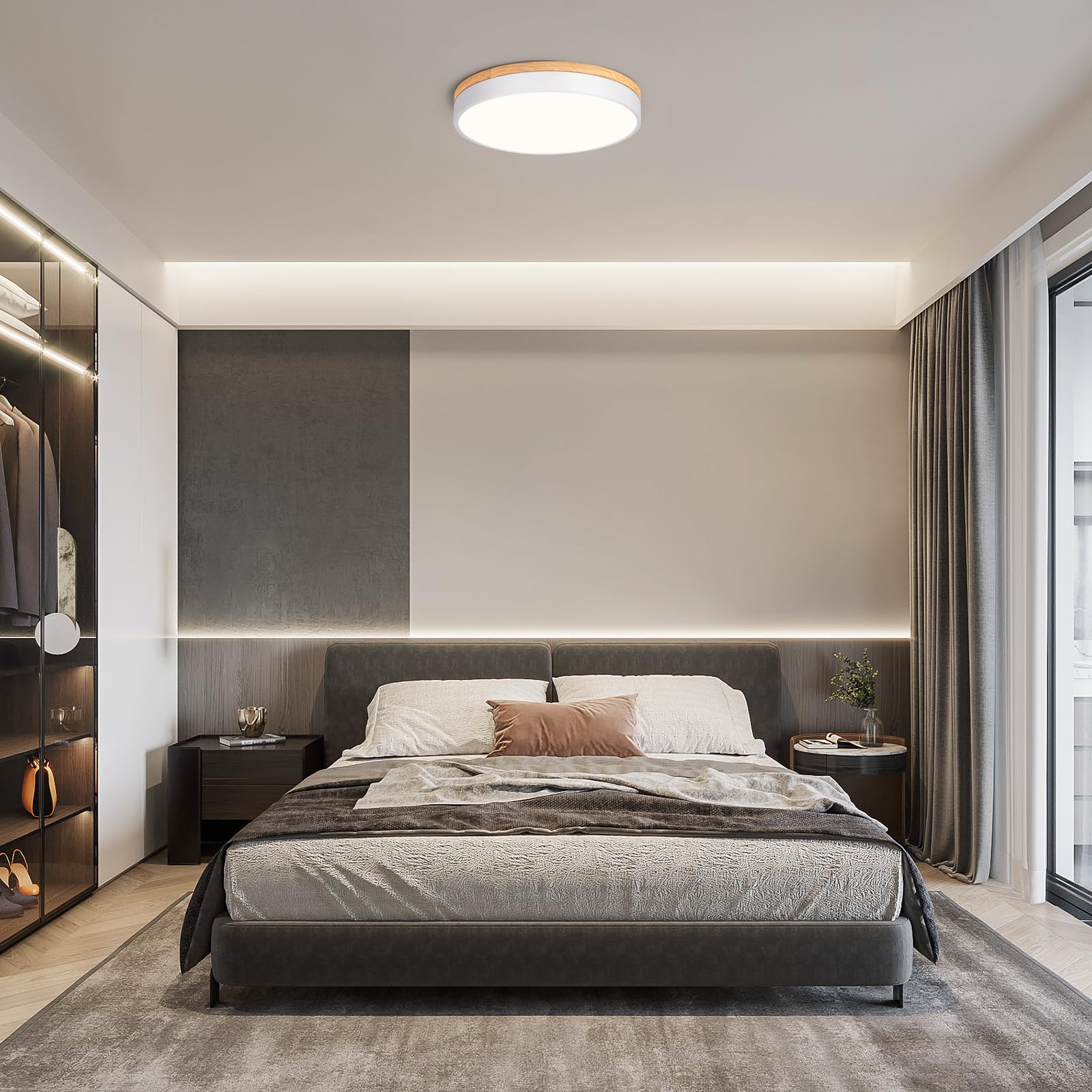 Qamra Plafoniera LED, Plafoniera Bianca 40cm, 36W | Lampada con Legno per camera da letto, soggiorno, cucina, corridoio, sala da pranzo, 4000K