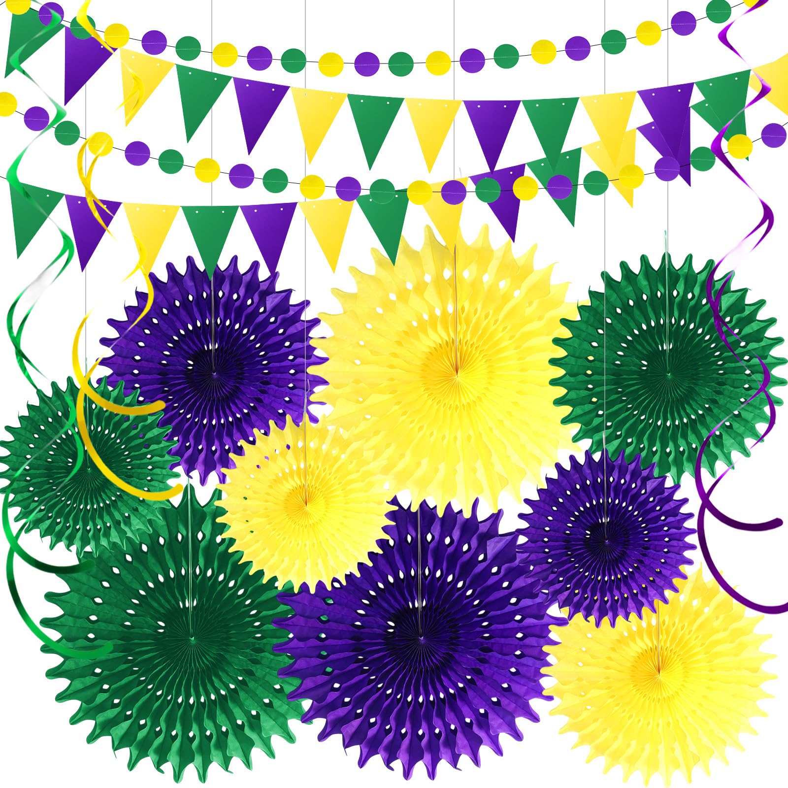 Outus 25 Pcs Mardi Gras Party Decorations Kit Gold Purple Green Hanging Paper Fans Circle Garlands Pennant Ceiling Hanging Swirls for Mardi Gras Fat