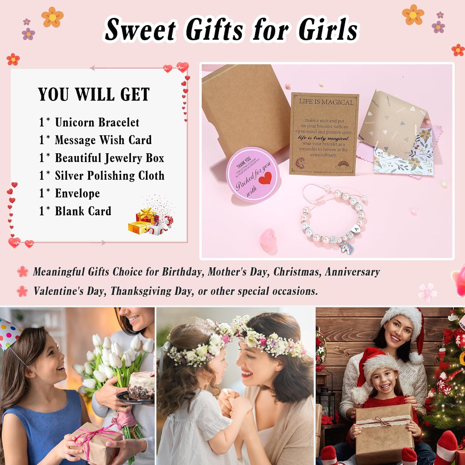 Hidepoo Valentines Gifts for Kids Girls - Unicorn Bracelets for Girls Kids, CZ Initial Unicorns Bracelet Adjustable Heart Initial Unicorn Bracelets Jewelry Birthday Gifts for Girl - Image 7