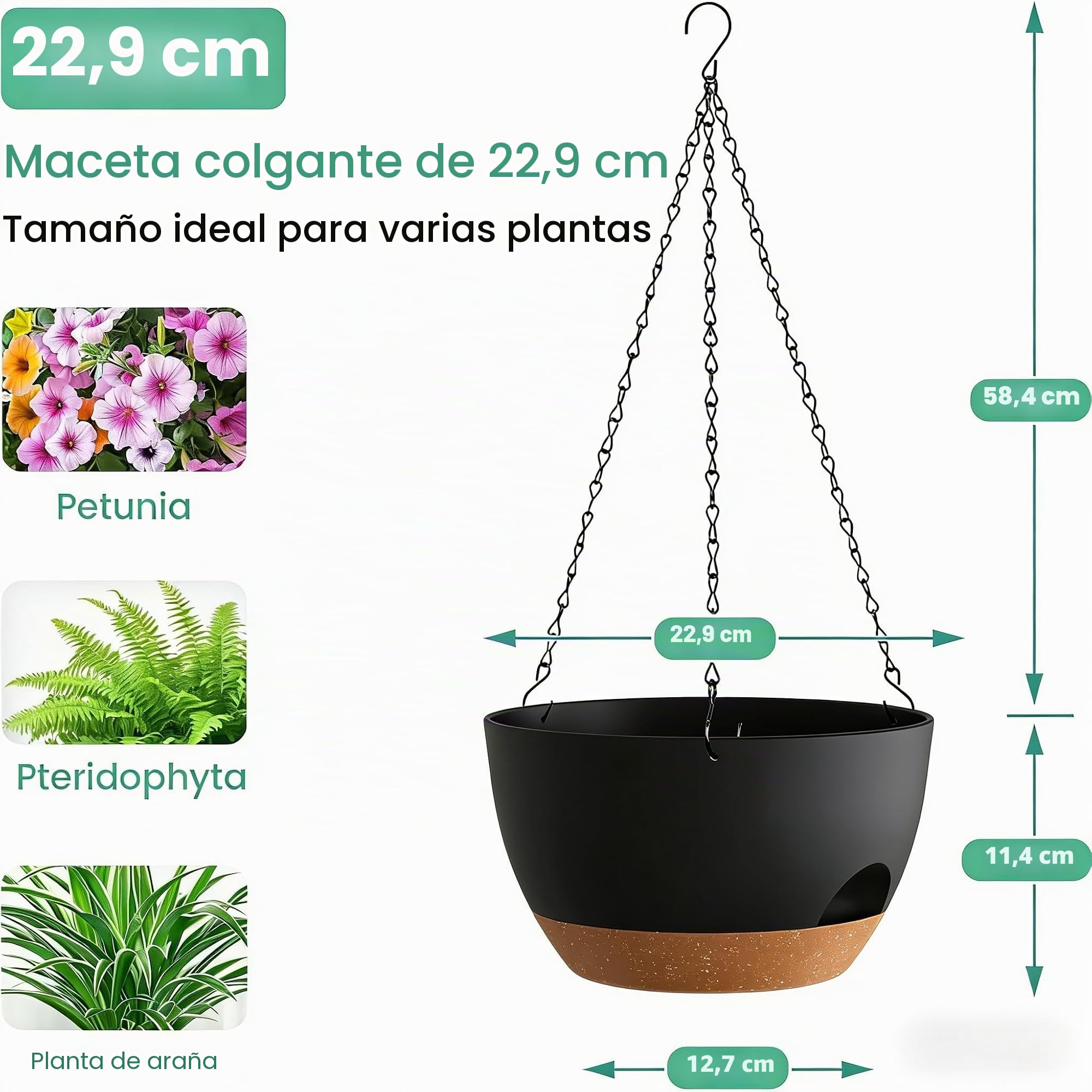 2 Macetas Colgantes Ø24 cm – Juego de 2 macetas Colgantes de plástico con Sistema de riego, Agujeros de Drenaje y Plato extraíble, para Interiores y Exteriores, Gris Oscuro