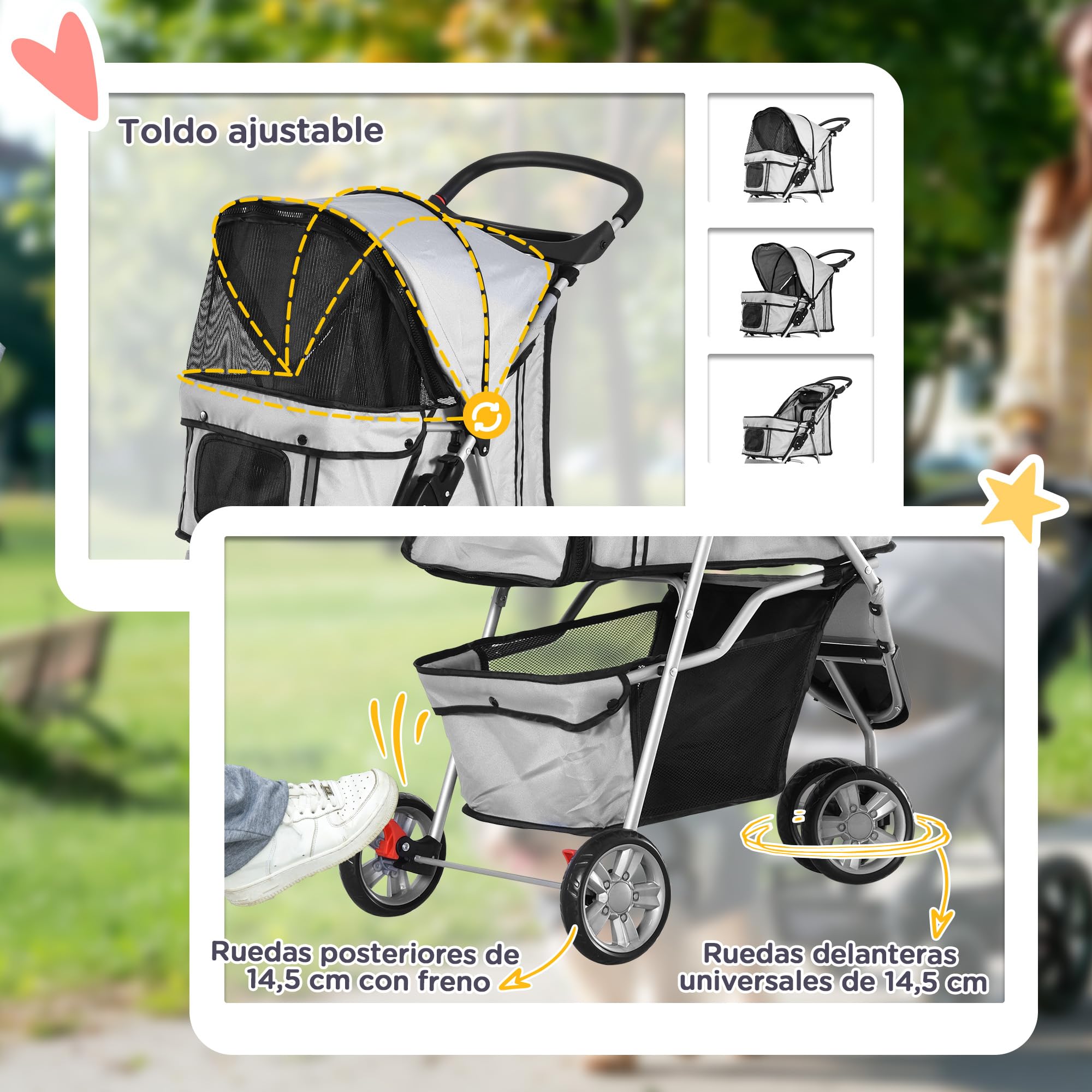 PawHut Cochecito Plegable Mascotas 75x45x97cm Perros Gatos Carrito Ruedas giran 360º Gris