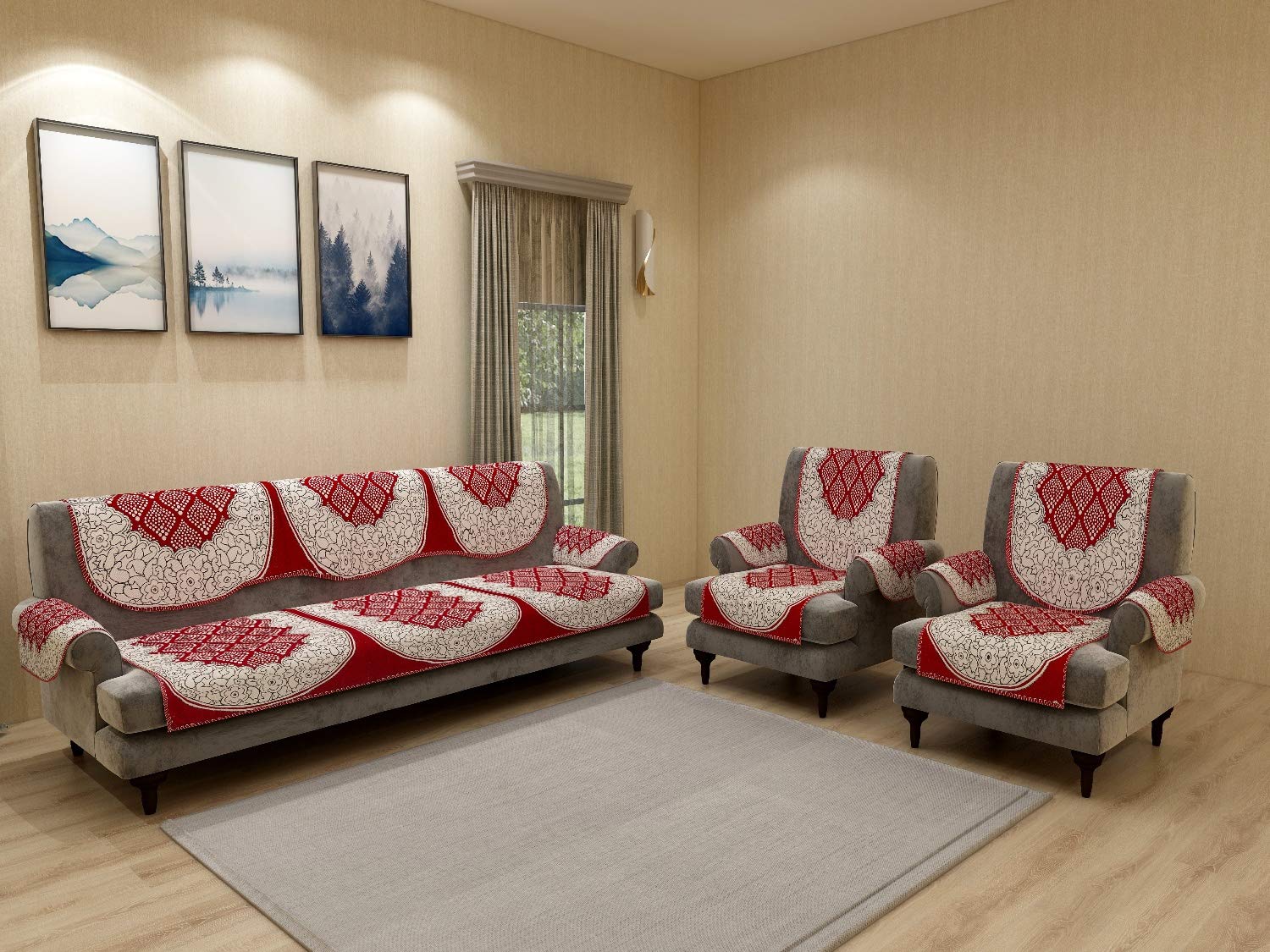 Nendle Cotton Fabric Abstract Sofa and Chair Covers Set of 5 Seater with 6 Pieces Arms Covers (Maroon, 12 Pieces)-image-9