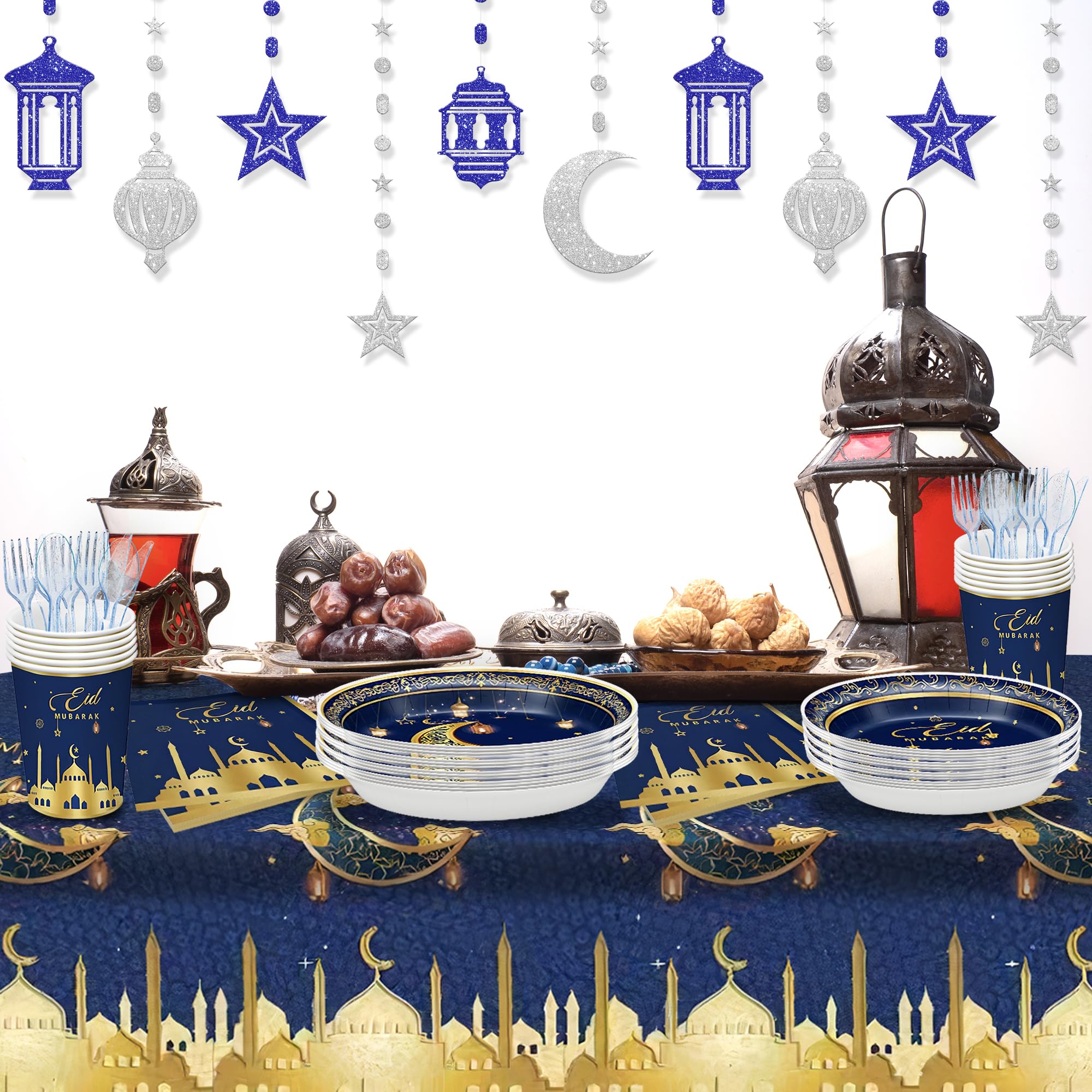 KatchOnKatchOn, Eid Mubarak Tableware Set - Serves 25, Pack of 176 | Silver and Blue Eid Mubarak Decorations – 6 String, No DIY | Eid Mubarak Table Cloth, Plates, Napkins for Eid Mubarak Decorations 2024