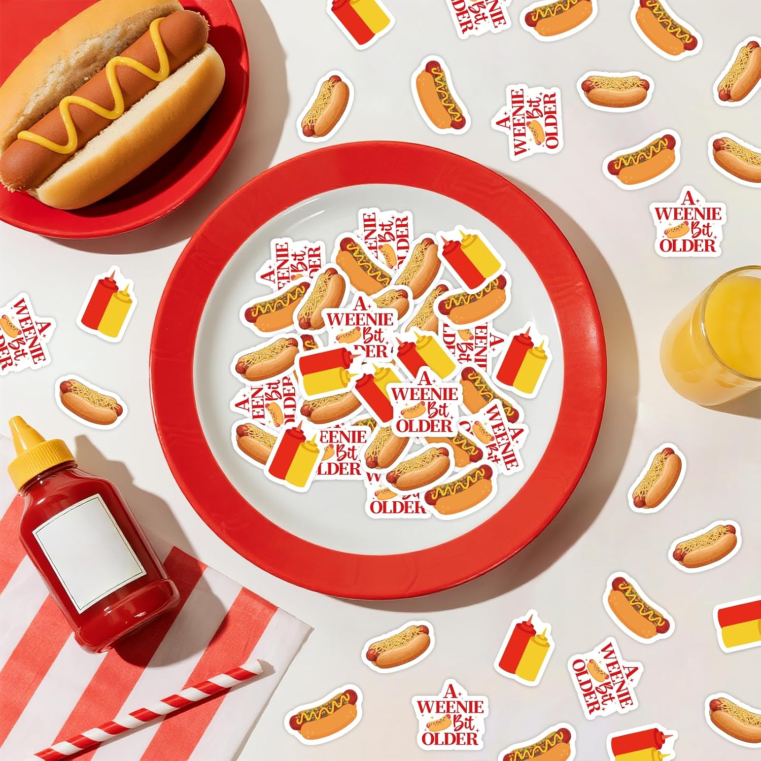 Jollyboom a Weenie Bit Older Birthday Decorations, 200pcs Hot Dog Birthday Decorations Confetti for Women Weenies and Tinies Retro Bbq Cookout Party