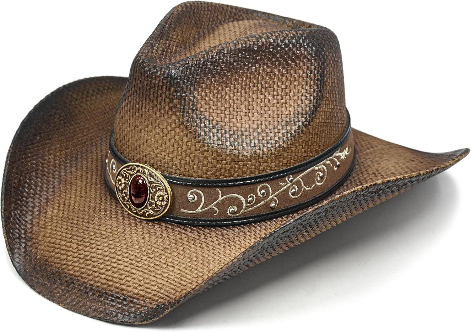 FLUFFY SENSE. Cowboy Hats for Women and Men - Distressed Straw Western Hat with Shapeable Brim for Cowboys and Cowgirls