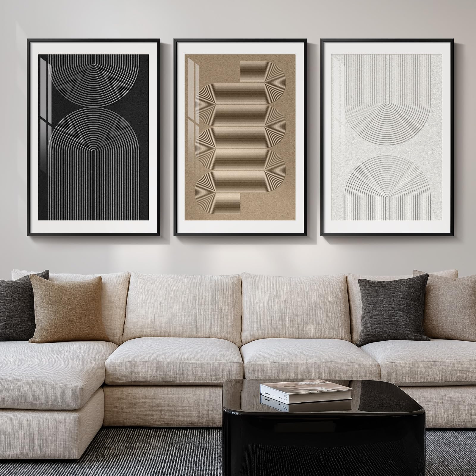 Large Framed Boho Neutral Abstract Wall Art for Living Room, 3 Piece Black White Brown Prints Paintings Artwork for Walls, Modern Minimalist Geometric Pictures for Hallway Office Wall Decor 24x36 In