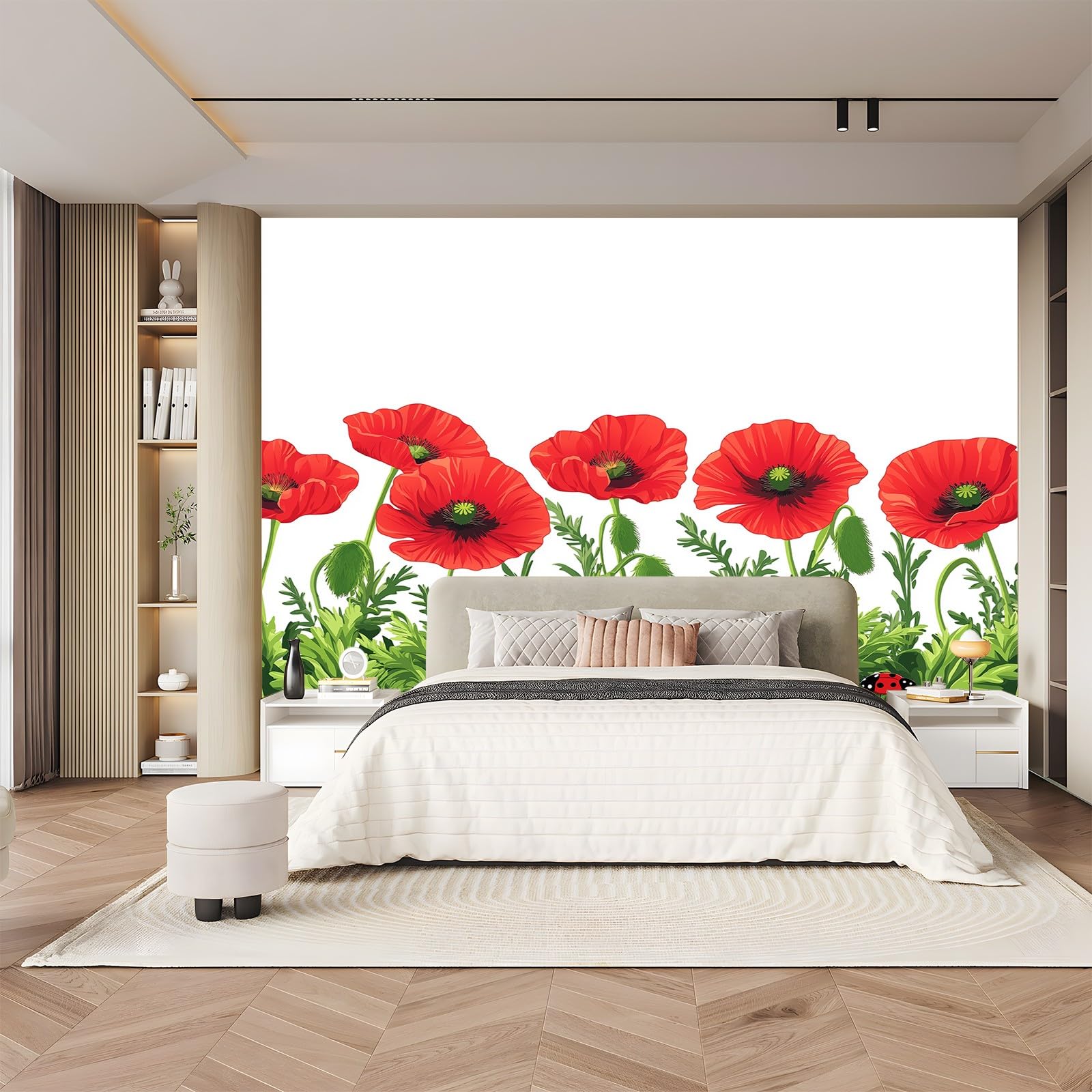Panoramiczne kwiaty maki owady czerwony zielony 200 x 140 cm (szer. x wys.), nowoczesna tapeta z włókniny do sypialni salonu biura spersonalizowana dekoracja ścienna restauracja pokój dziecięcy