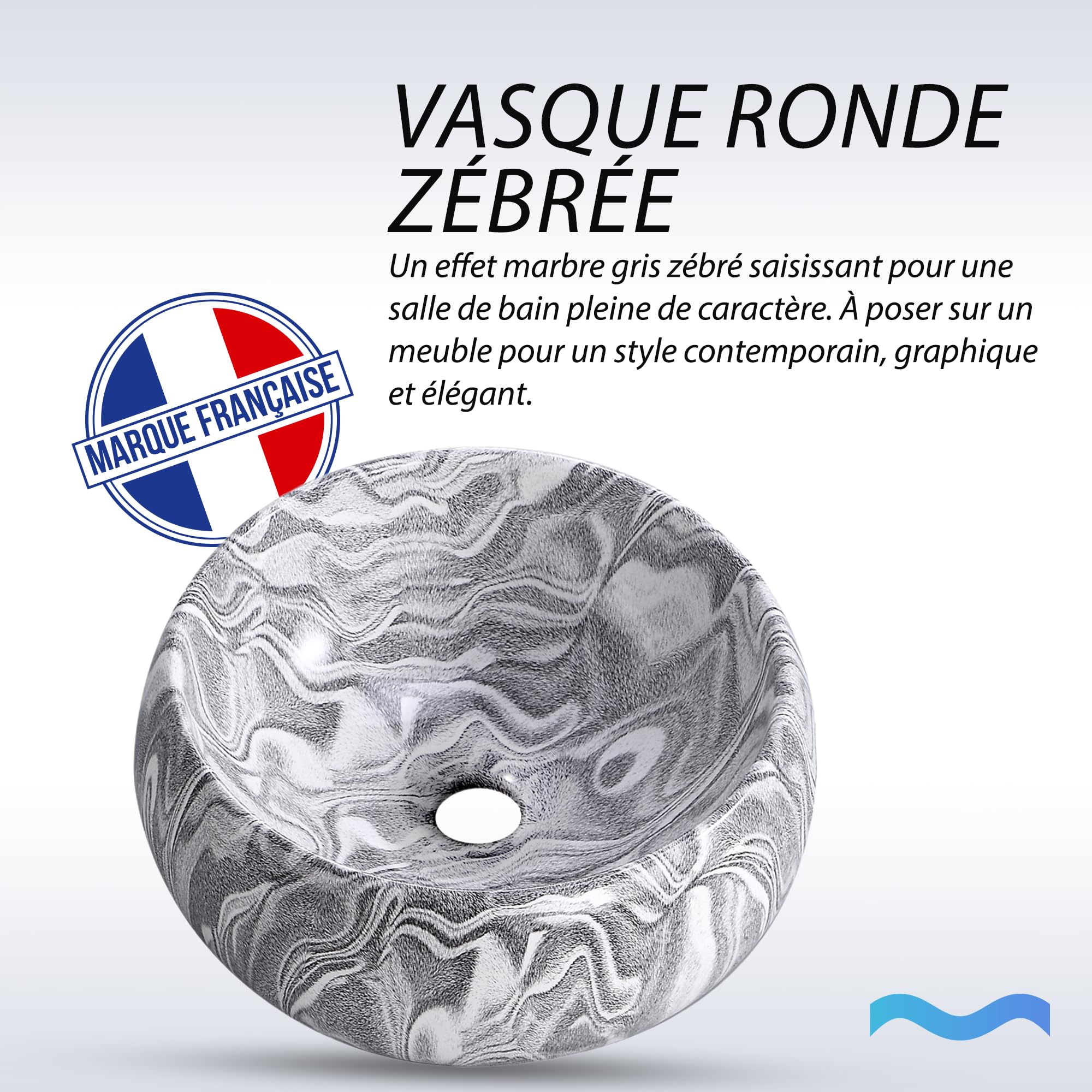 Vasque Ronde Creuse Effet Gris Zébré Ø40 cm – Lavabo à Poser Design Contemporain – Finition Minérale Élégante – Idéal Salle de Bain Moderne – Installation Facile et Entretien Simple