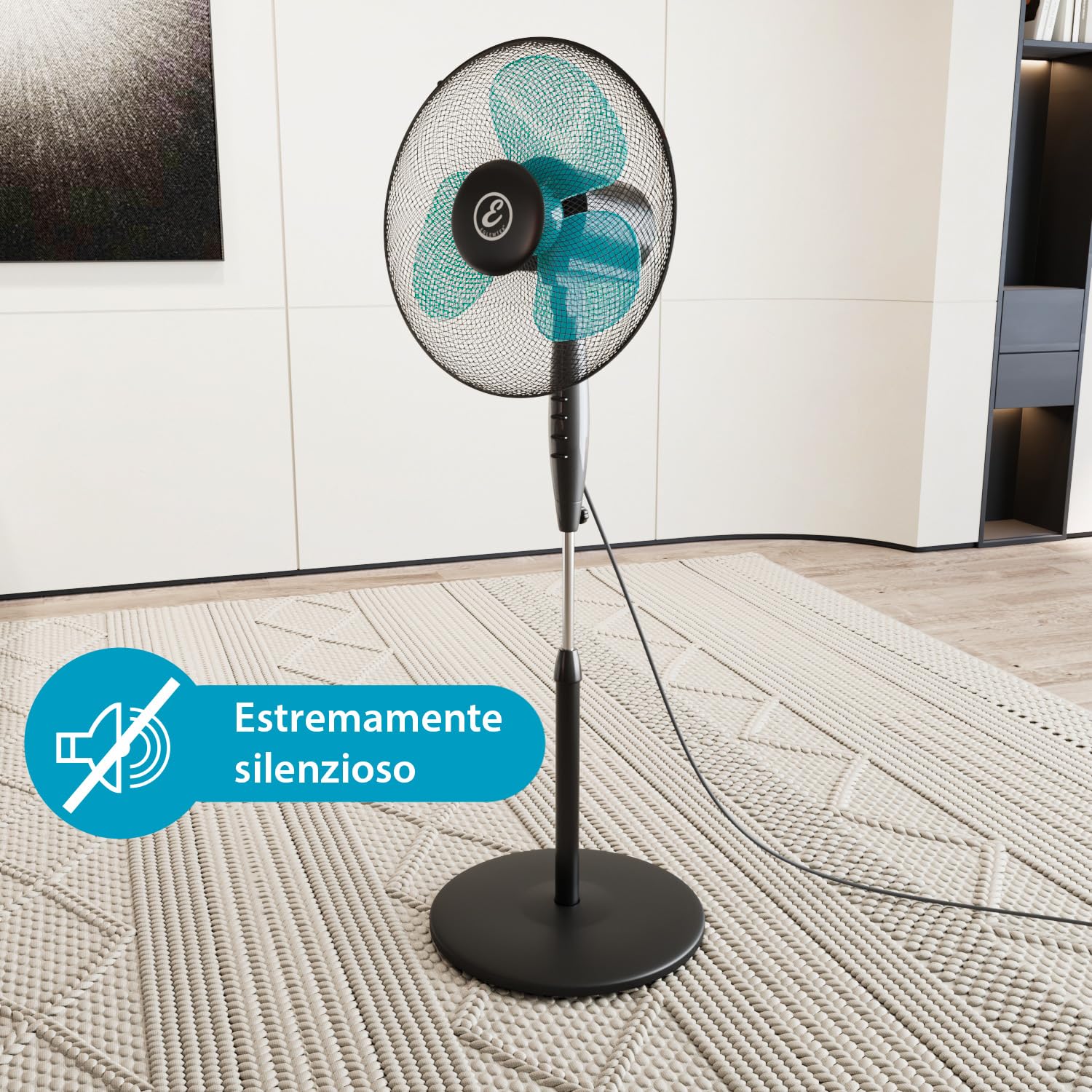 Bricozone Ventilatore a Piantana per Pavimento Potente da 50W con Pale da 40 cm Silenzioso Colore Nero e Azzurro 3 Velocità Oscillante Altezza e Inclinazione Regolabili Griglia di Protezione