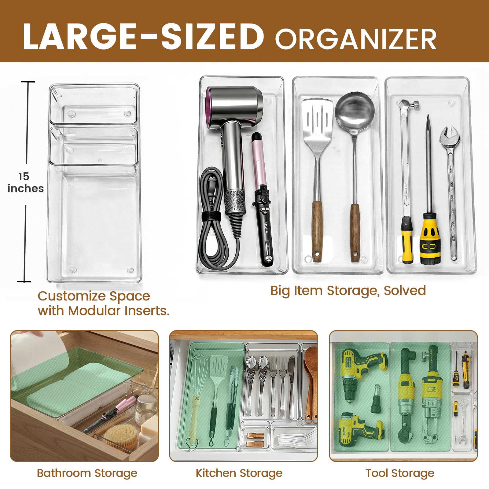 Juego de 21 organizadores de cajones de plástico transparente, 5 tamaños, bandejas de almacenamiento de acrílico antideslizantes para maquillaje, joyas, utensilios para cocina, dormitorio, baño