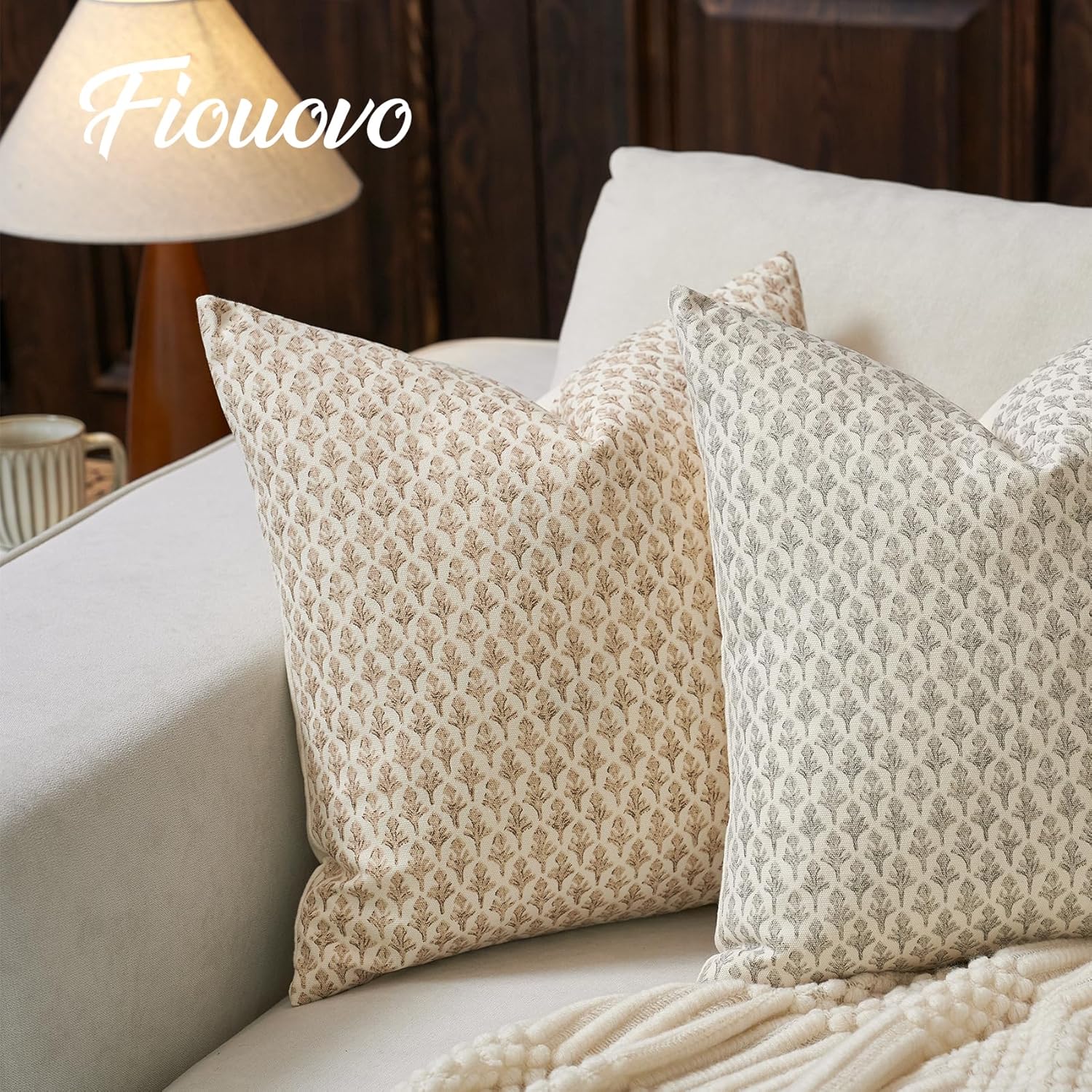 Floral Pillow Covers 18x18 Pillow Cover Block Print Couch Pillows for Living Room Decorative Neutral Accent Throw Pillow Covers, 1PC, Cognac Brown - Image 6