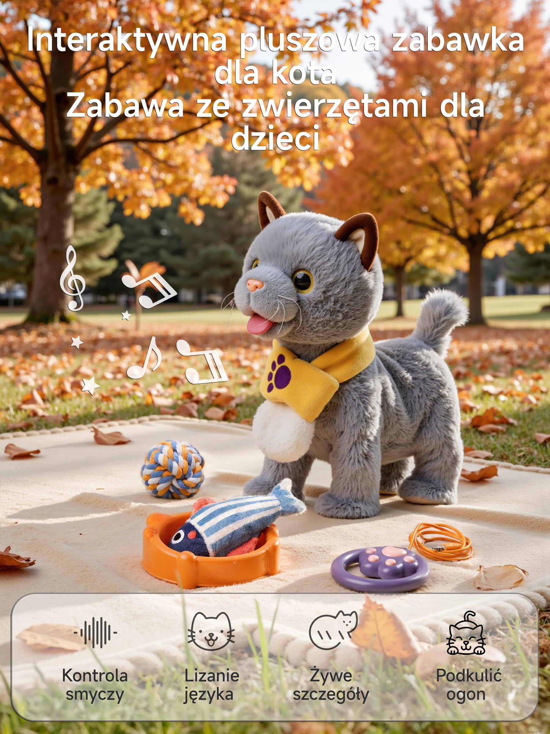 TUMAMA KIDS Interaktywna zabawka kot dla dzieci z 6 melodiami, pluszowy kotek z pilotem zdalnego sterowania i smyczą, który chodzi i szczeka, pluszak elektroniczny kotek od 2 lat – chodzenie