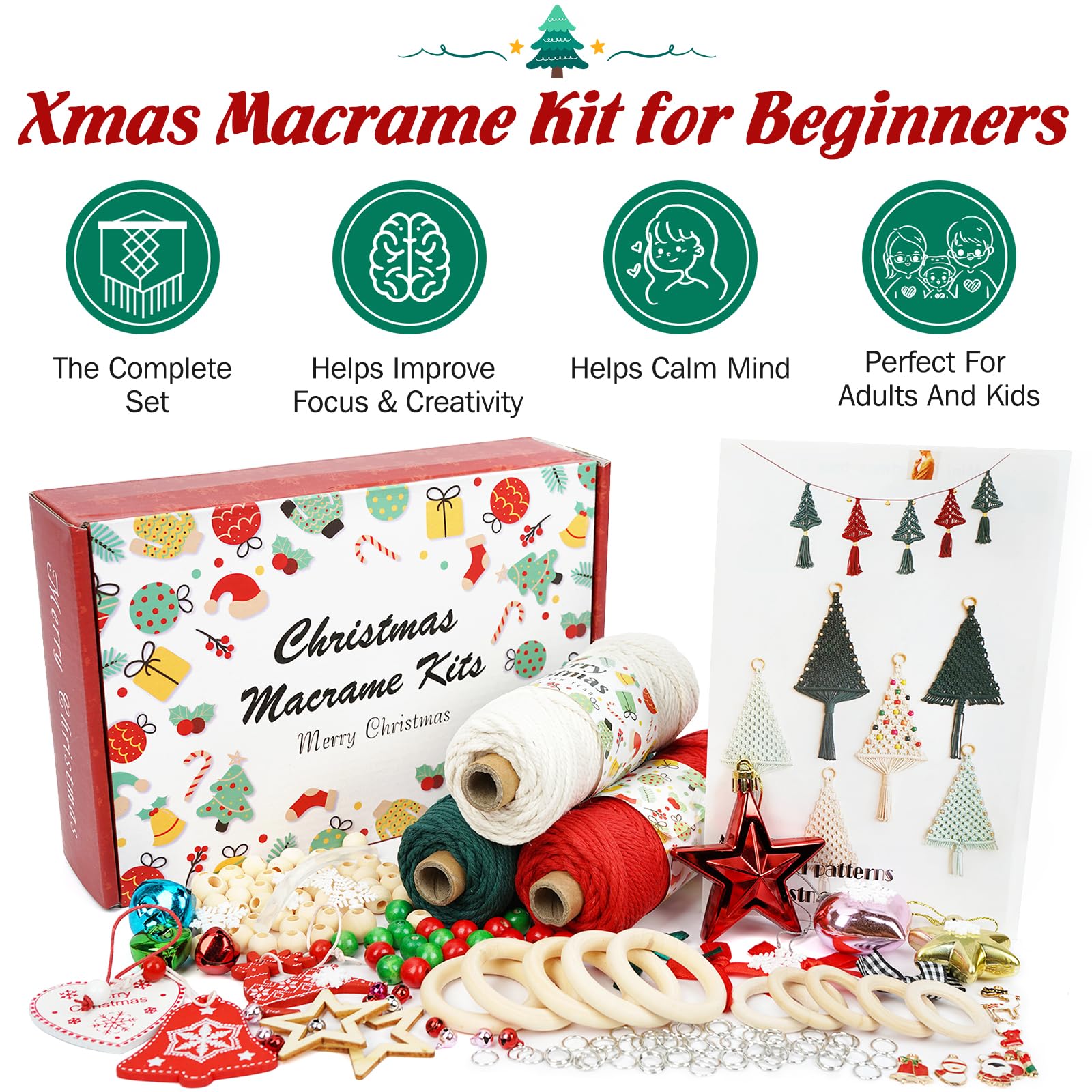 Beginners Macrame Kit for Christmas Featuring 3mm Macrame Cord, Beads, Rings - Image 3