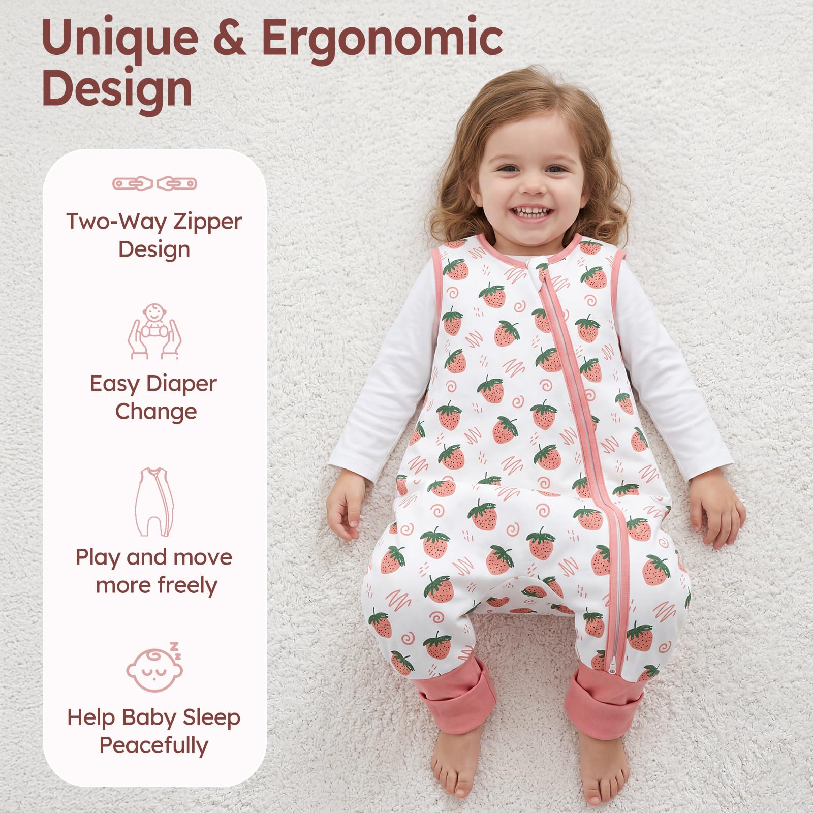 Unnivoll Saco de dormir para bebé 1.5 Tog, 2 unidades, algodón, saco de dormir durante todo el año, saco de dormir con patas de bebé, flexible, 90 cm, para niño y niña