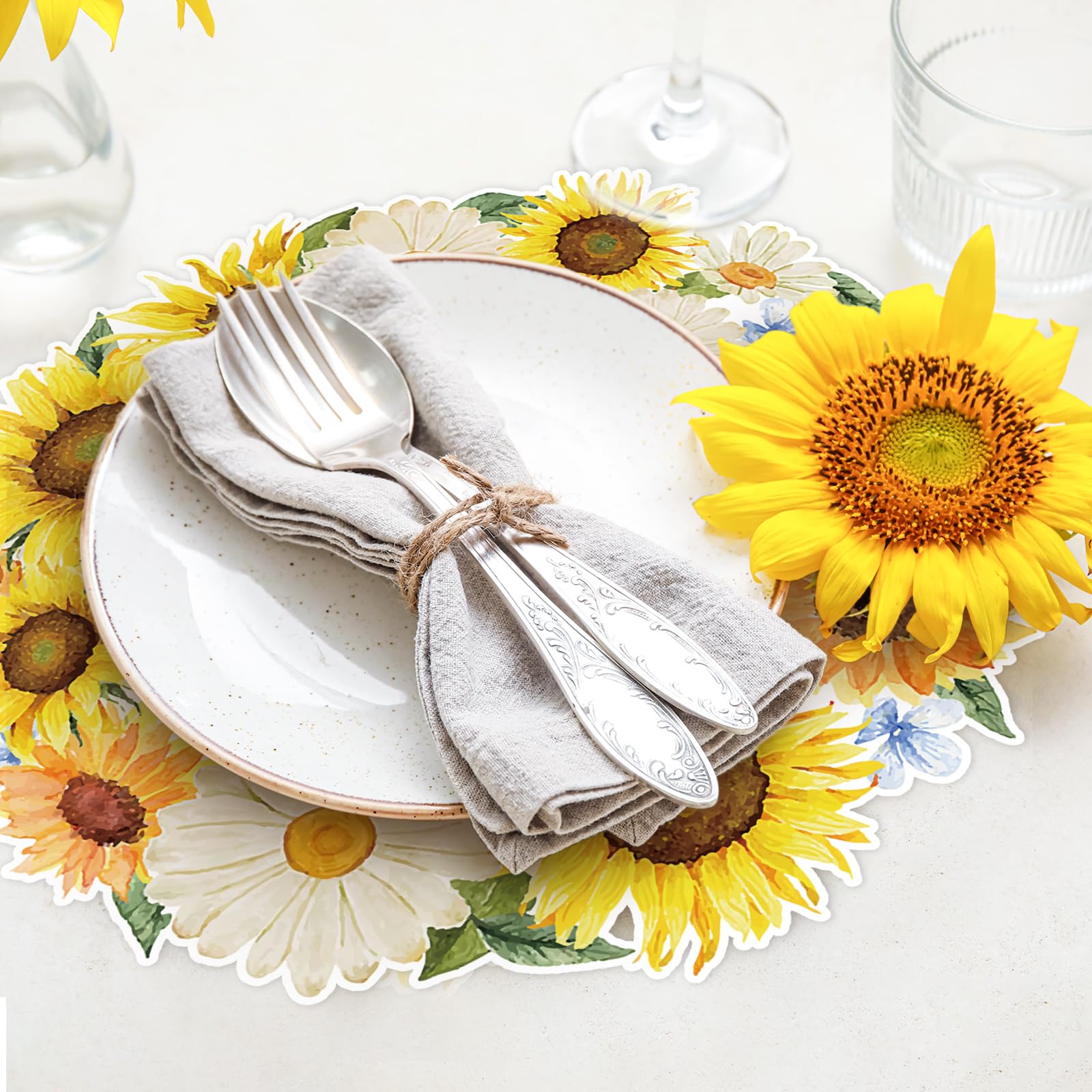JarThenaAMCS 50 hojas de manteles individuales de papel de girasol, acuarela, flores amarillas, manteles individuales florales para suministros de fiesta de primavera y verano