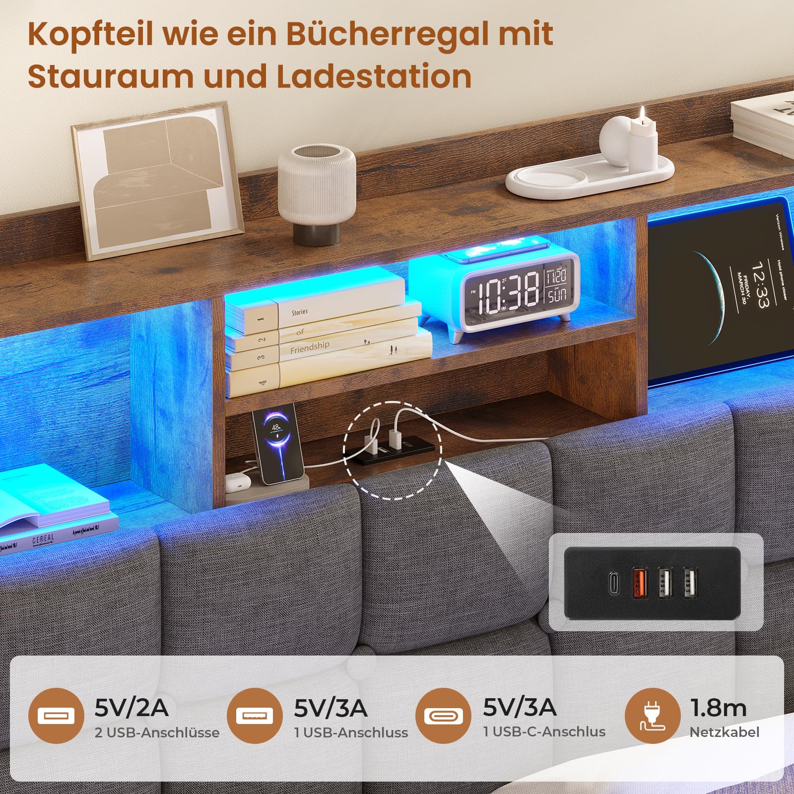 AOGLLATI Polsterbett 140×200 Hydraulisches Stauraumbett mit LED-Bleuchtung,Jugendbett mit USB- und Type-C-Anschlüsse Doppelbett Bettgestell mit Holzlatten, Leinenstoff,ohne Matratze(Grau, 140x200cm)