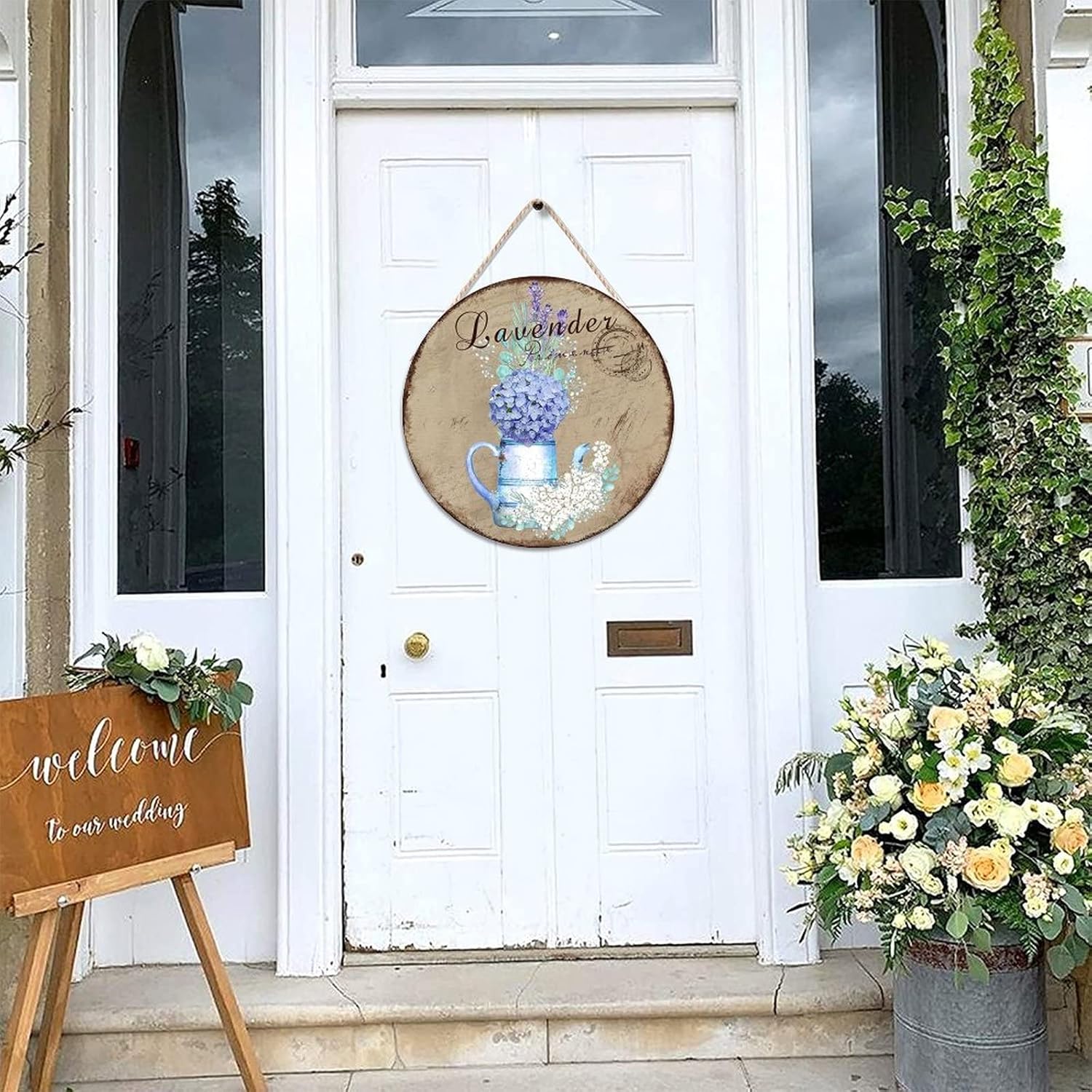 Custom Calligraphy Wall Hanging Sign Plaque, Lavender Wood Door Sign, Vintage 16x16in Front Door Round Wood Sign Farmhouse Backyard Door Hanger Wall Decor Housewarming Gifts