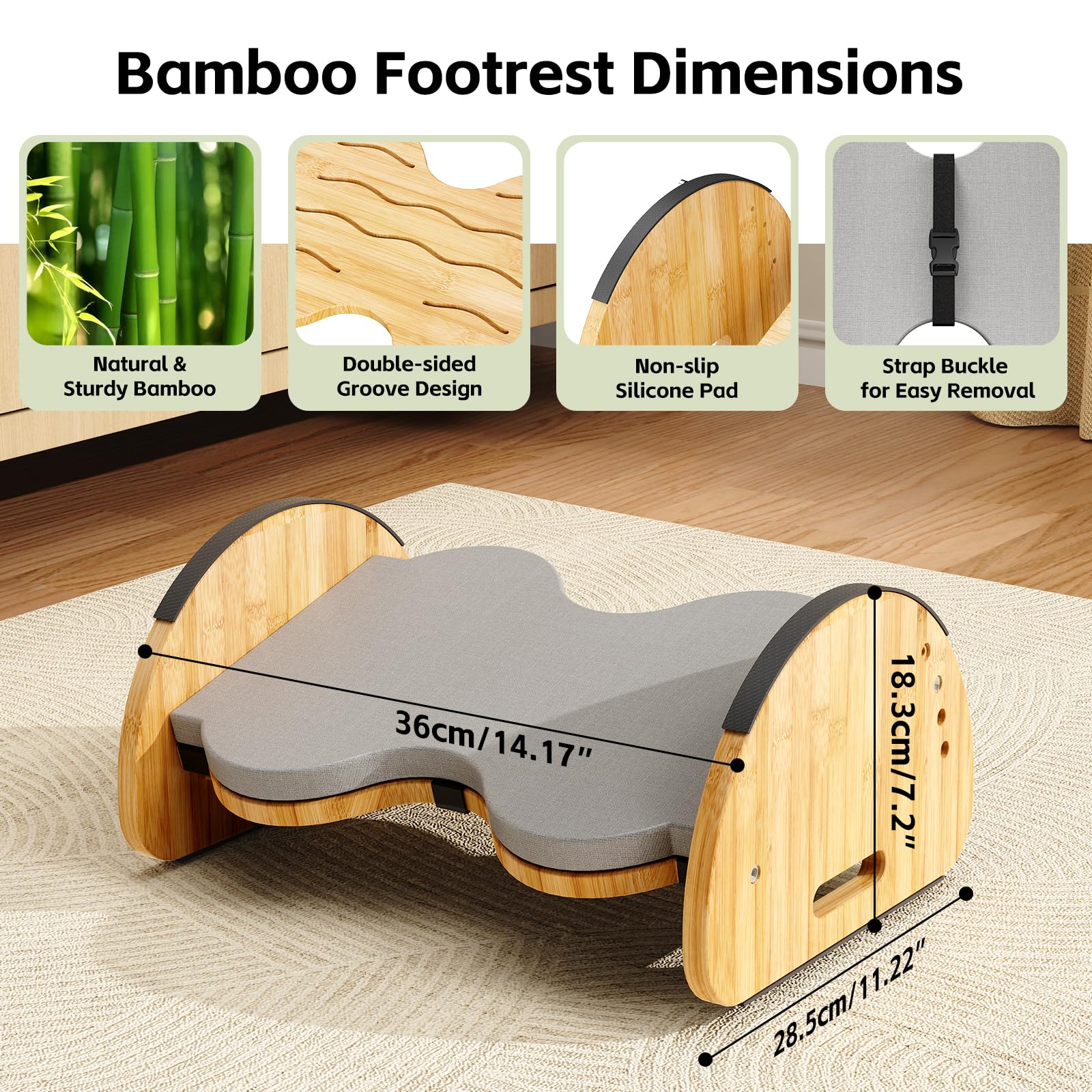 Ergonomische Bambus-Fußstütze unter dem Schreibtisch, 3-in-1 wendbare Schaukel-Fußstütze mit Fußpolstern 4 höhenverstellbare Höhen Bürofußhocker, große rutschfeste Oberfläche, verbessert die Haltung
