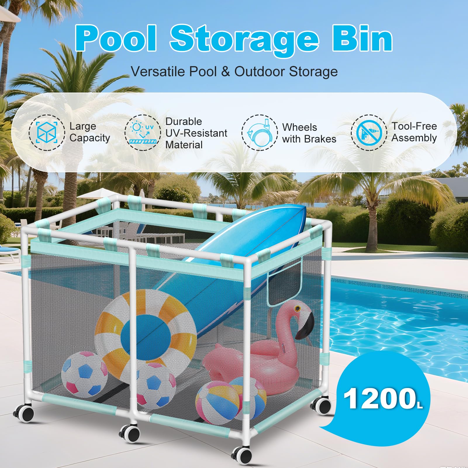 Contenedor de almacenamiento para piscina, 1200 L (69 x 32 x 35 pulgadas), fideos de piscina para accesorios de natación, soporte para fideos, juguetes, flotadores y toallas, almacenamiento resistente