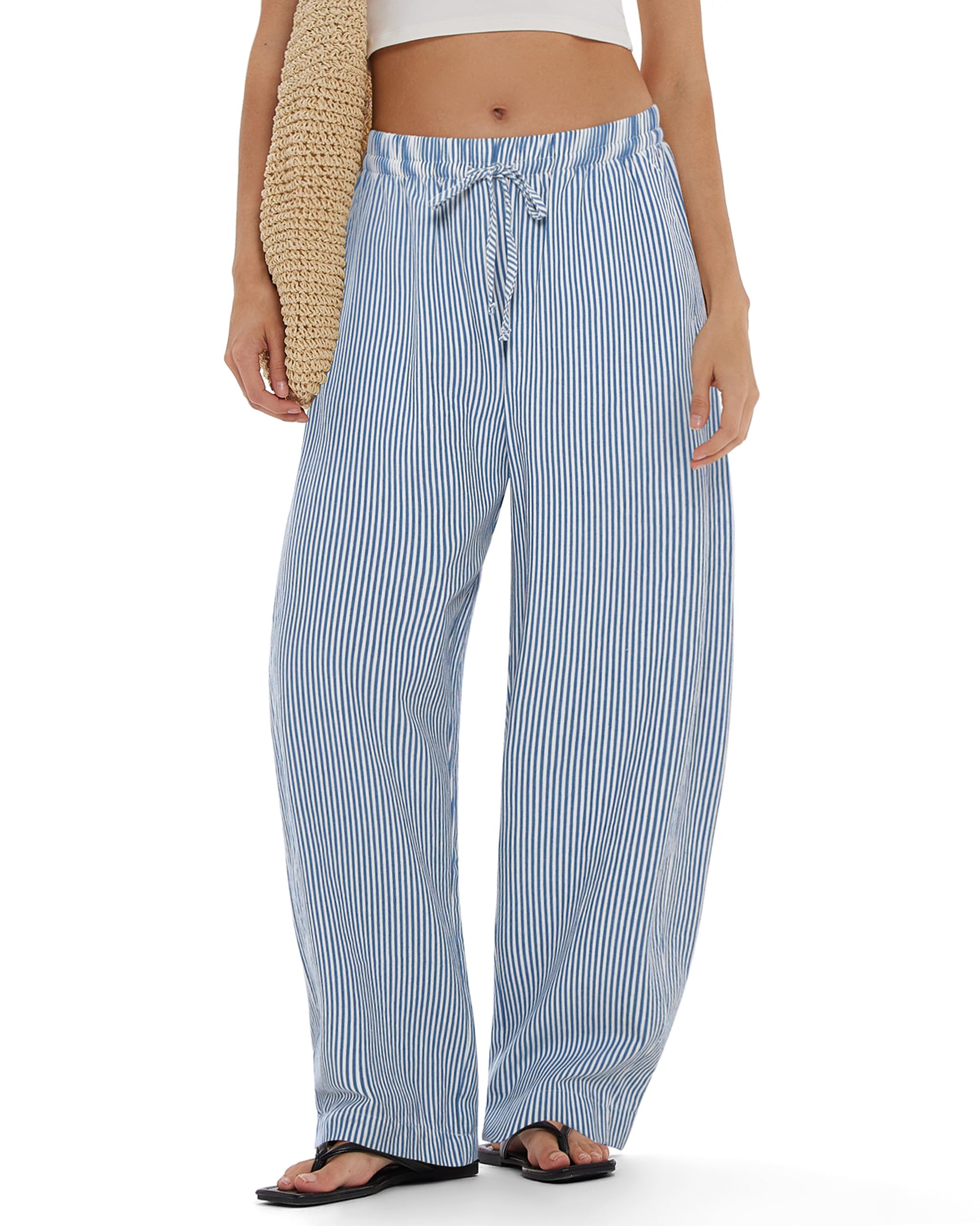 MOOSLOVER Women Linen Lightweight Barrel Pants Drawstring Comfort Casual Lounge Pants Baggy Loose Ankle Pants with Pocket