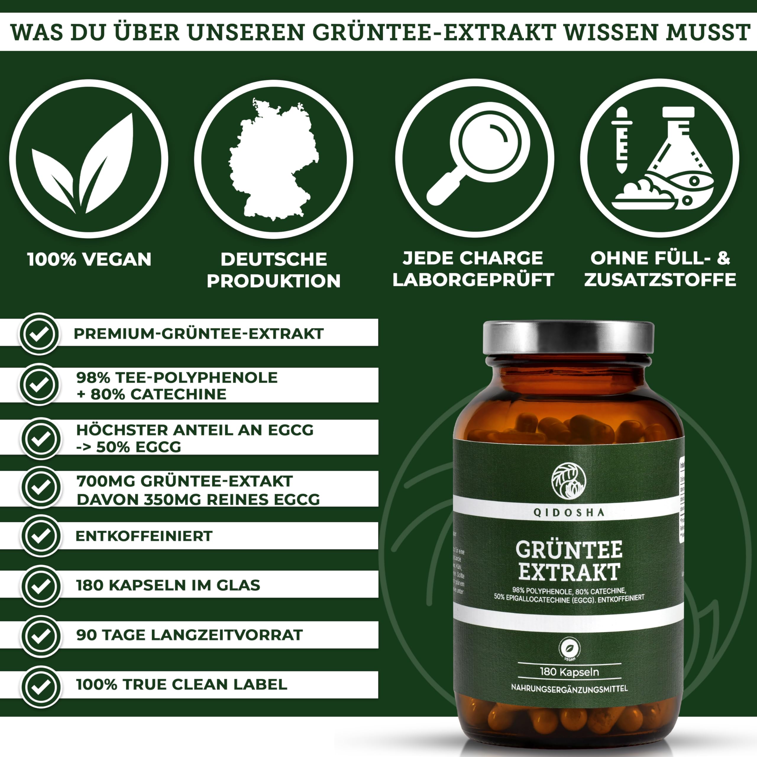 QIDOSHA® Grüntee Extrakt Kapseln entkoffeiniert mit 50% EGCG, 180 Stk, 700mg Grüntee-Extrakt ohne Koffein je Kapsel, davon volle 350mg reines EGCG, EGCG Kapseln hochdosiert ohne Koffein