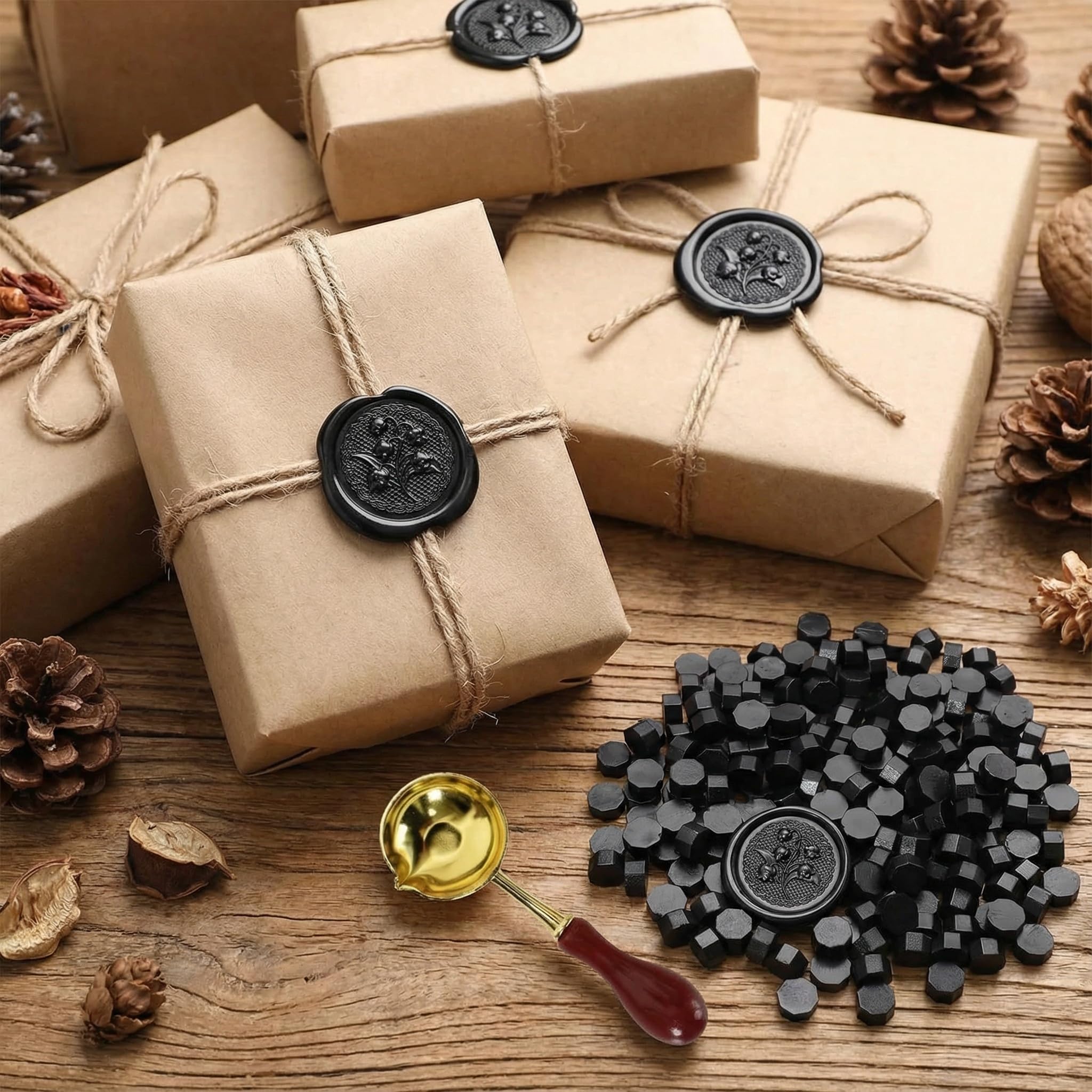 Perles de Cire à Cacheter Octogonales Lot de 300 avec Cuillère de Fusion - Sceaux de Cire pour Tampon, Lettres, Invitations (Noir)