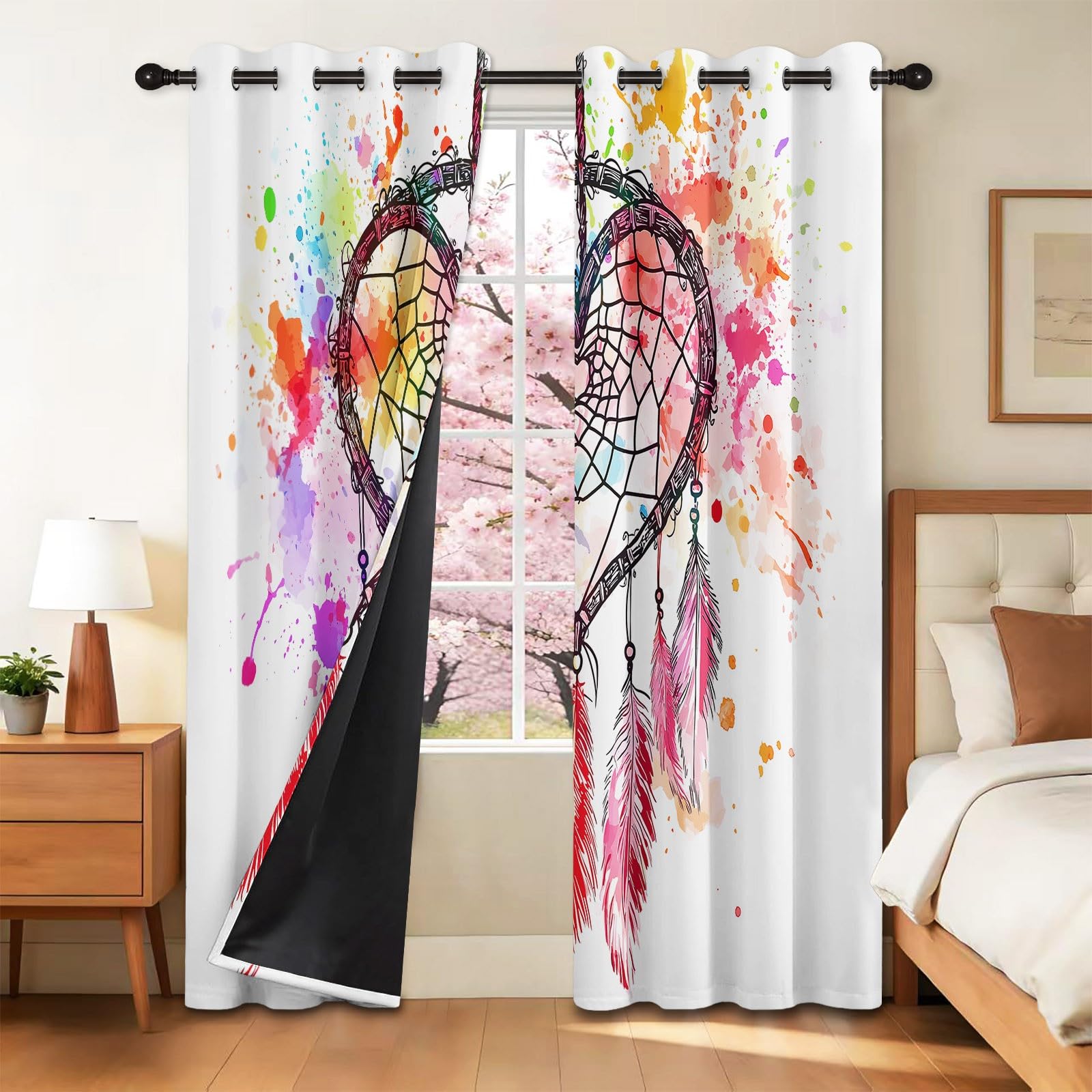 91,5 x 214 cm Termiczne zasłony zaciemniające zestaw 2 sztuk, akwarelowe pióra łapacza snów, zasłona zaciemniająca z oczkami do sypialni, redukcja hałasu, biała