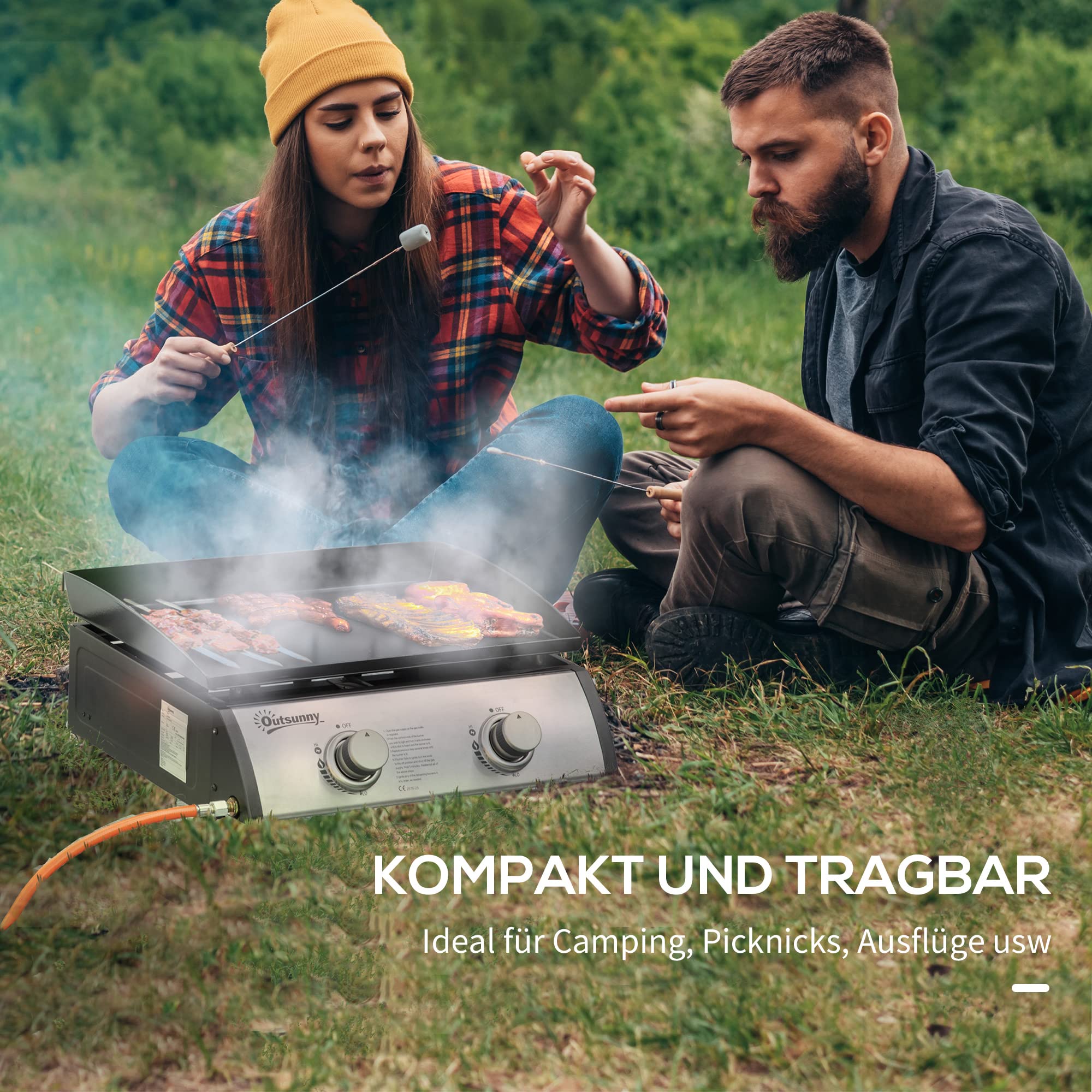 Outsunny Grill stołowy grill gazowy BBQ z 2 palnikami, stołowy grill gazowy z wężem, nieprzywierająca płyta grillowa, grill kempingowy na piknik, do ogrodu, stal nierdzewna + metal, srebrny, 48,5 x 46 x 21 cm