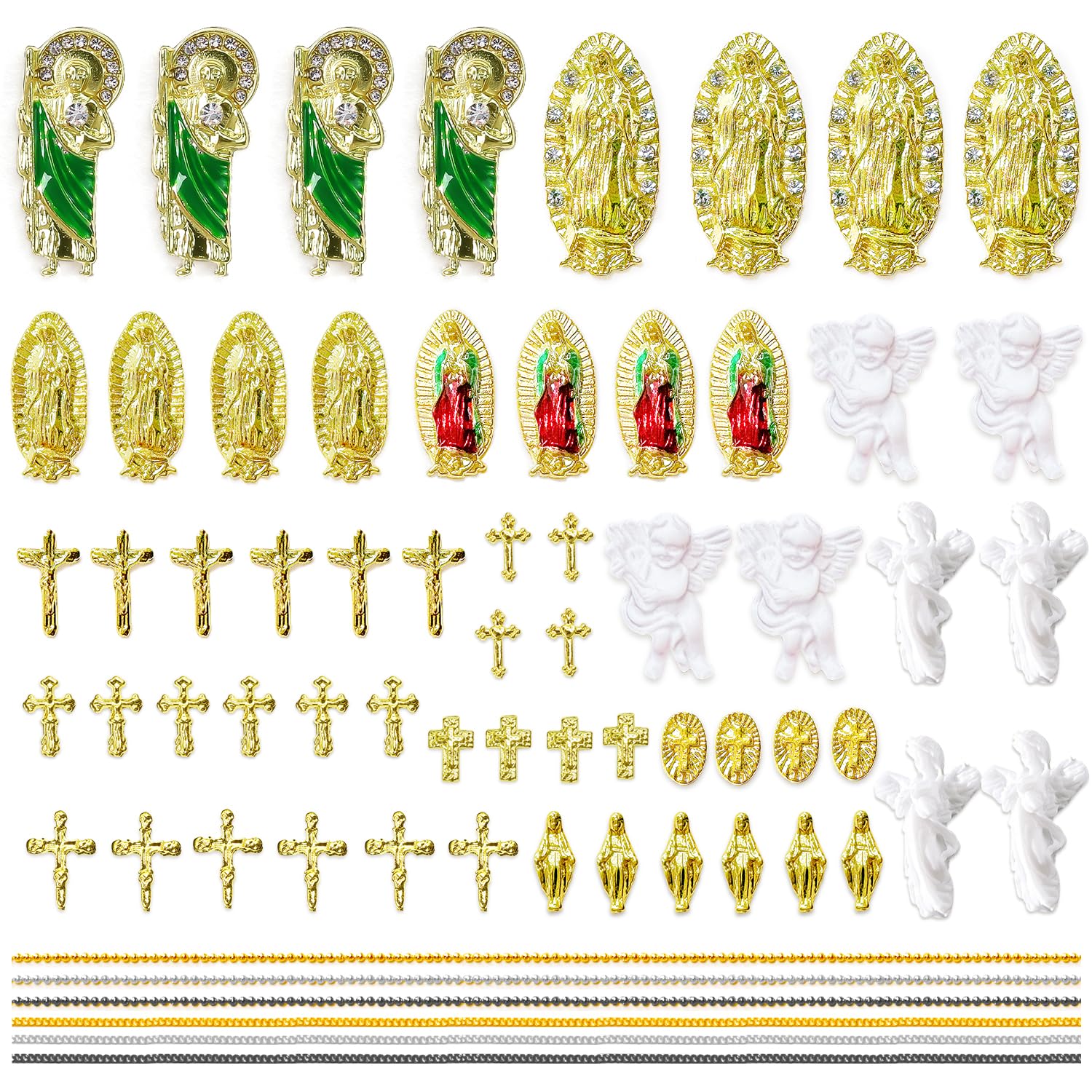 XSDSLS 70 Stück Gold Nail Charms Set – 3D-Verzierungen Mit Kreuz, Rose, Herz & Jungfrau Maria