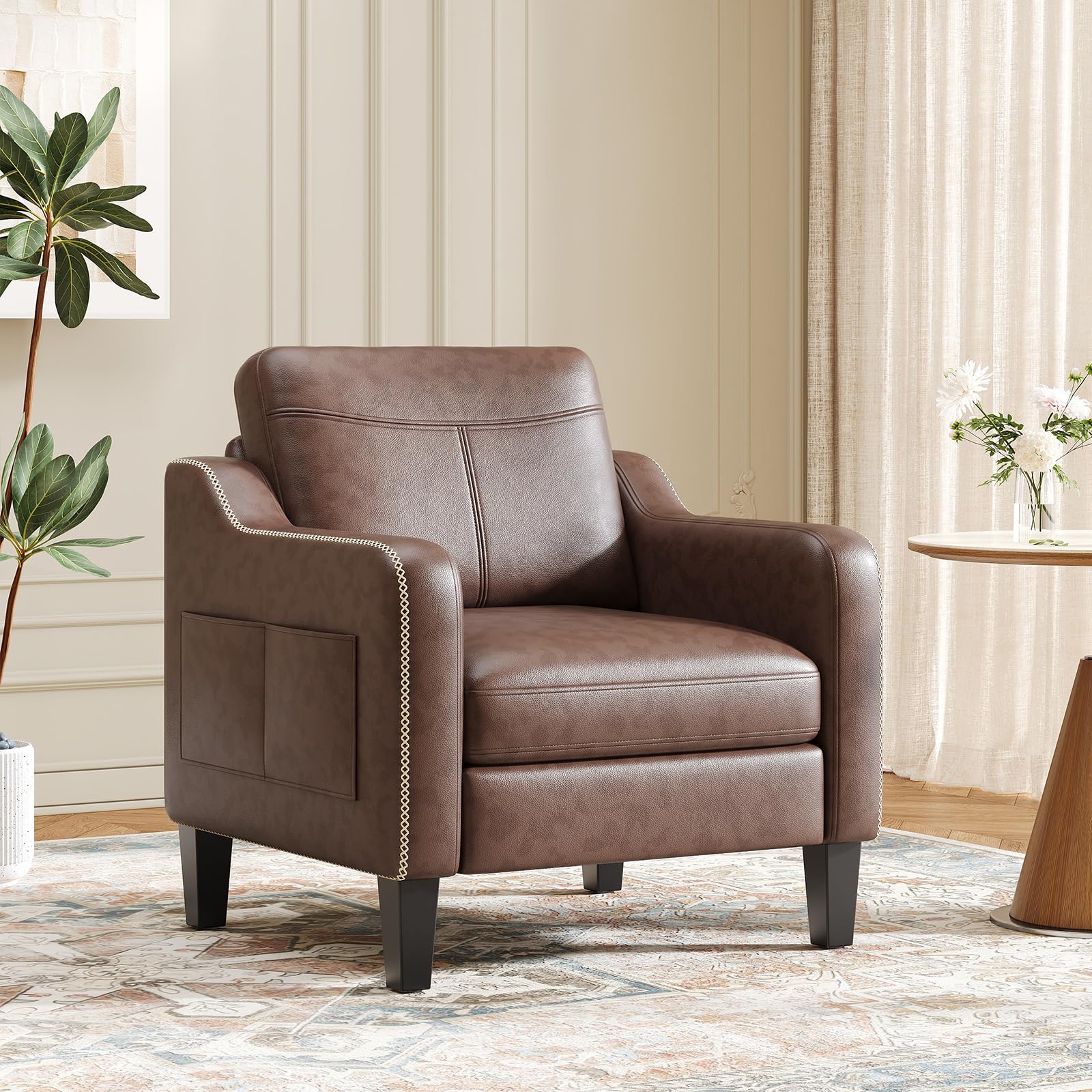 MALOL PU Leather Accent Chair, Mid-Century Modern Living Room Armchair Sofa with Removable Cushions, Solid Wood Frame & Stitched Armrest Design,