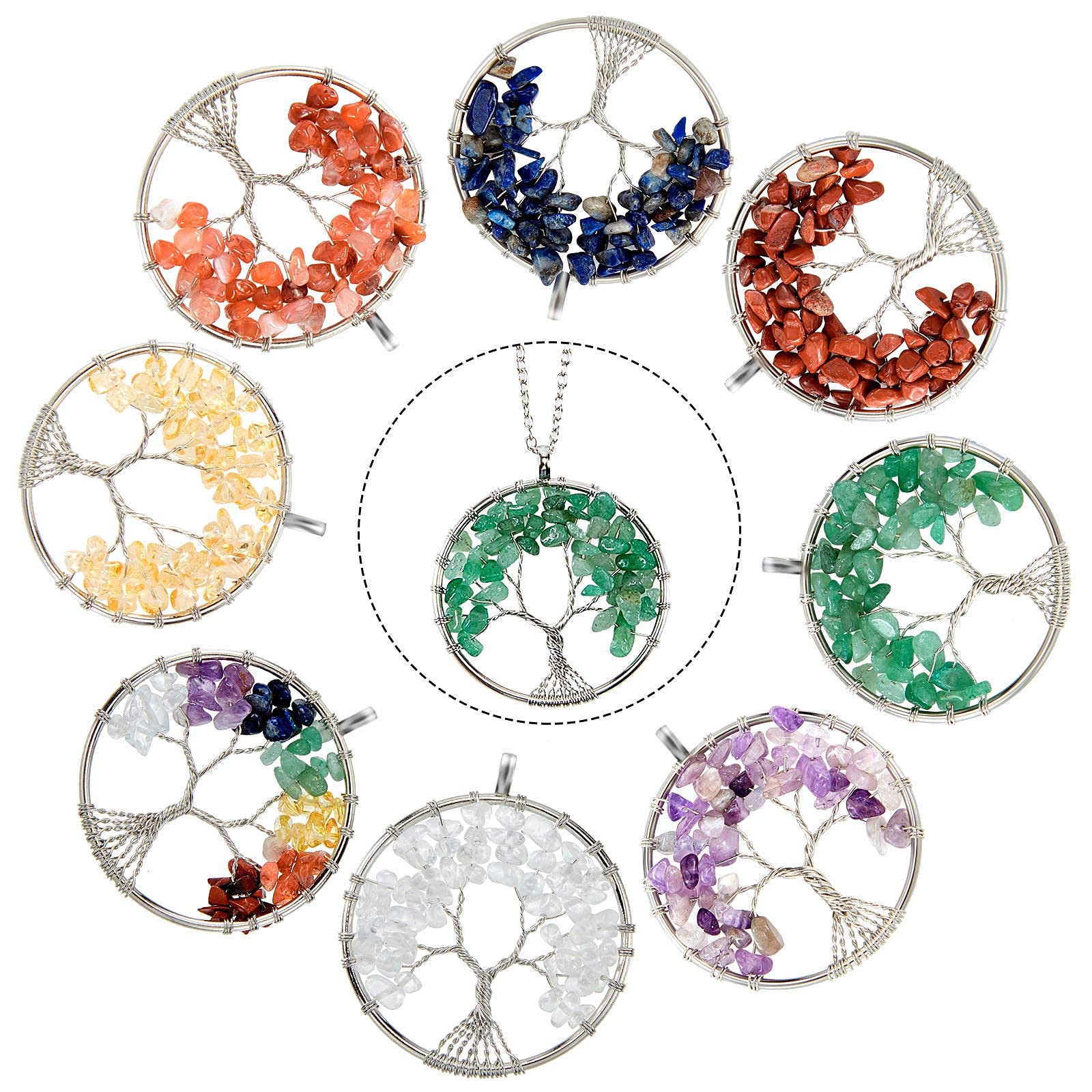 8 pieces of tree of life pendant charm gems chakra crystal quartz pendant chakra treatment pendant necklace earrings bracelet jewelry making, various colors (Silver chain clause type A)
