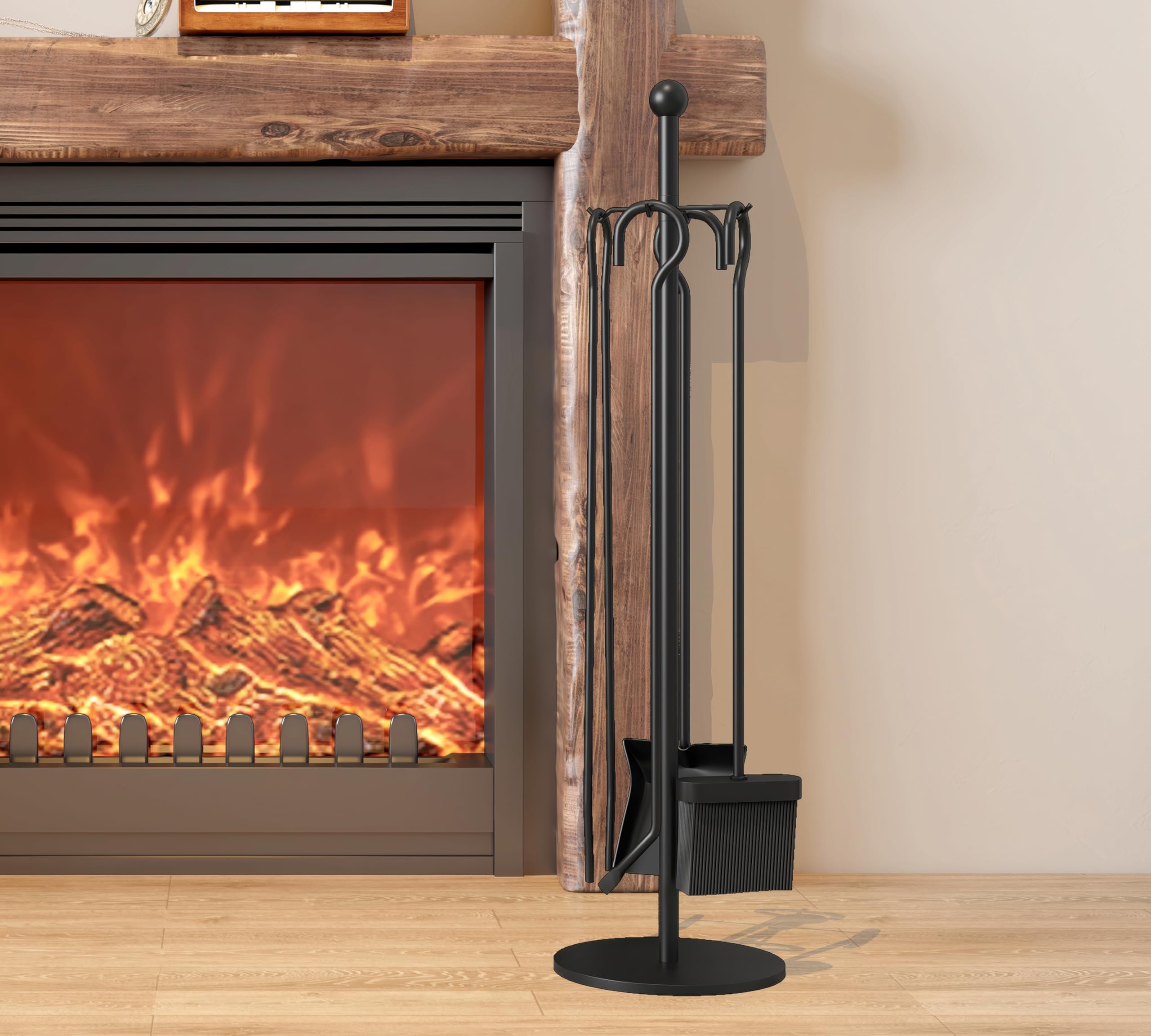 Kingson Black 5-Piece Fireside Companion Set for Log Burners Dia18cmxH68cm Includes Shovel, Poker, Brush, Tongs