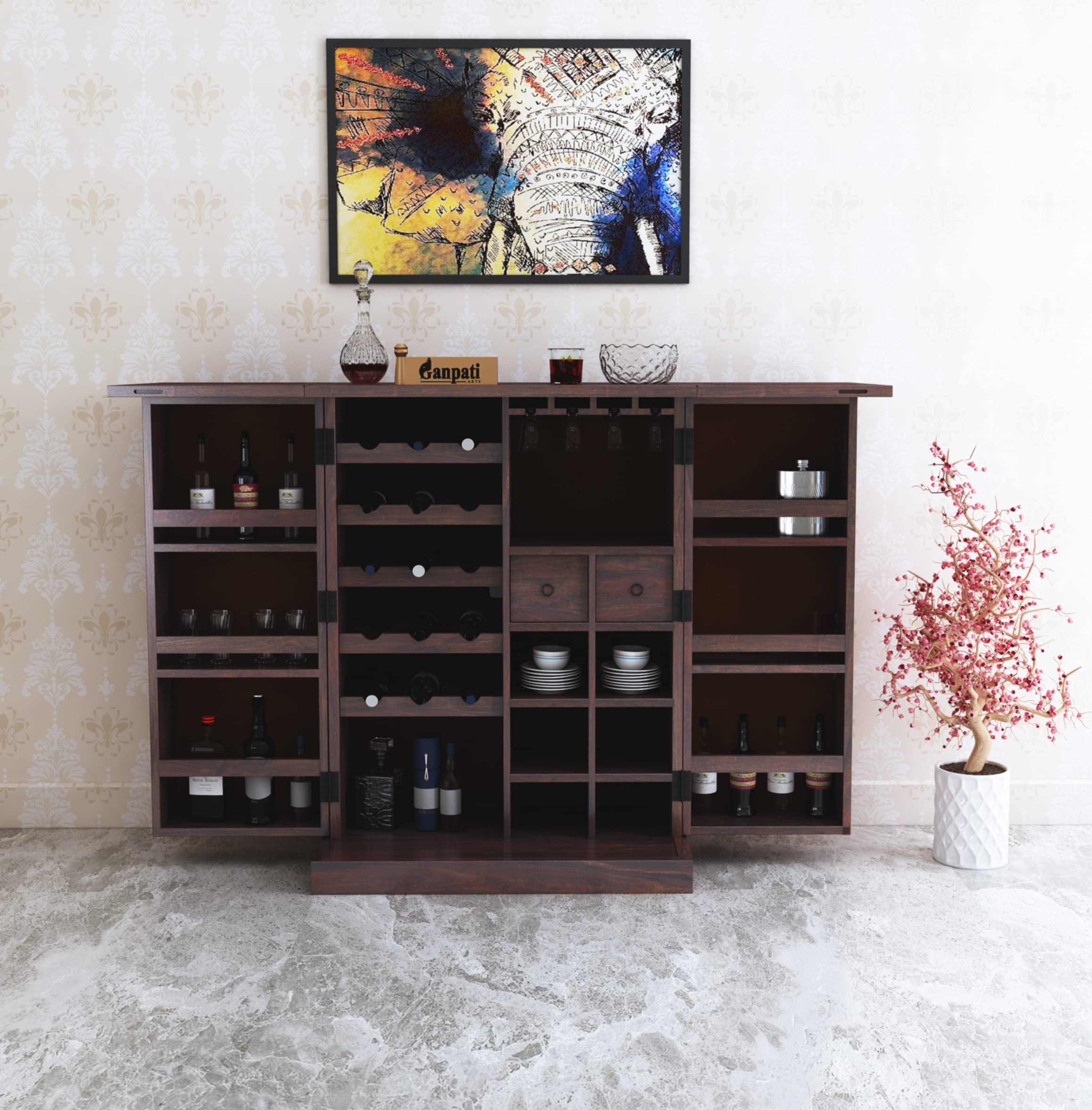 Ganpati Arts Sheesham Wood Bar Cabinet for Home Mini Bar Cabinet Solid Wooden Wine Storage Shelf Rack with Drawer & Glass Holder (Walnurt Finish) 1 Year Warranty