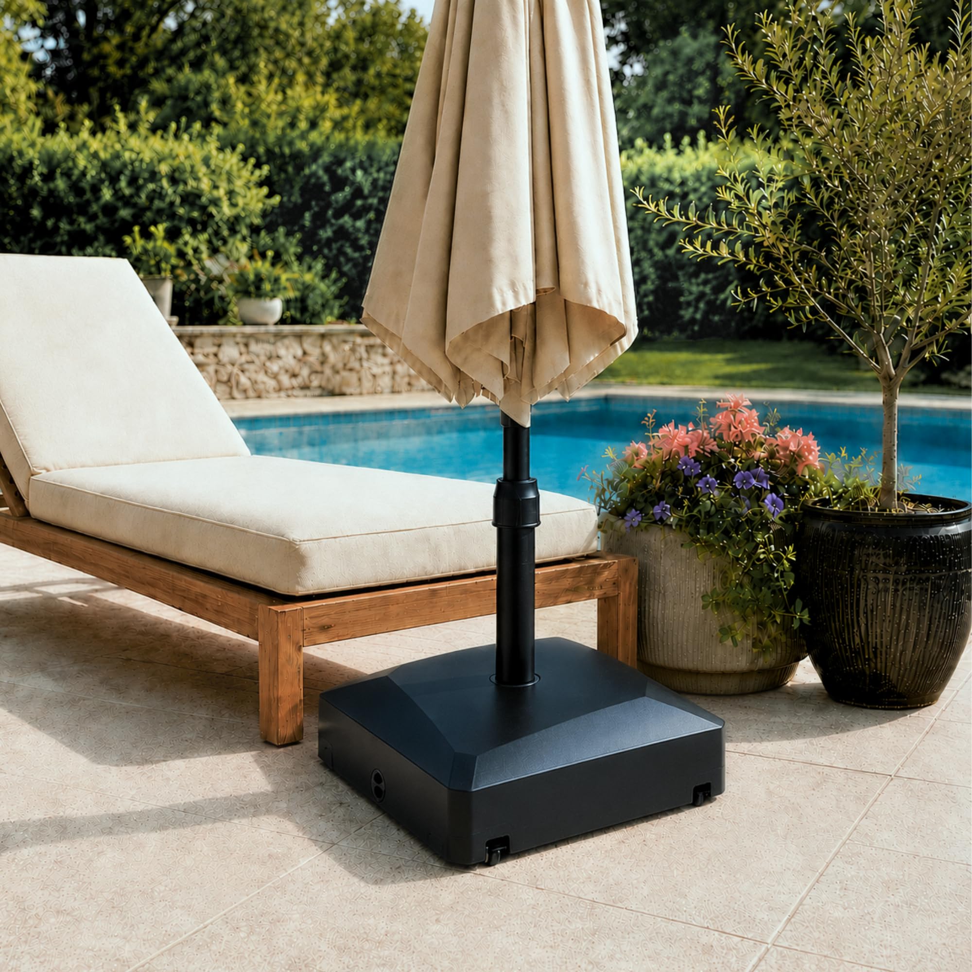 UNIGARDIA Pied de Parasol sur roulettes 76 kg - Lourd à Remplir Eau/Sable - pour Mâts de Ø 35–48 mm - Anti-Vent, Terrasse et Jardin 54,5x54,5x20 cm