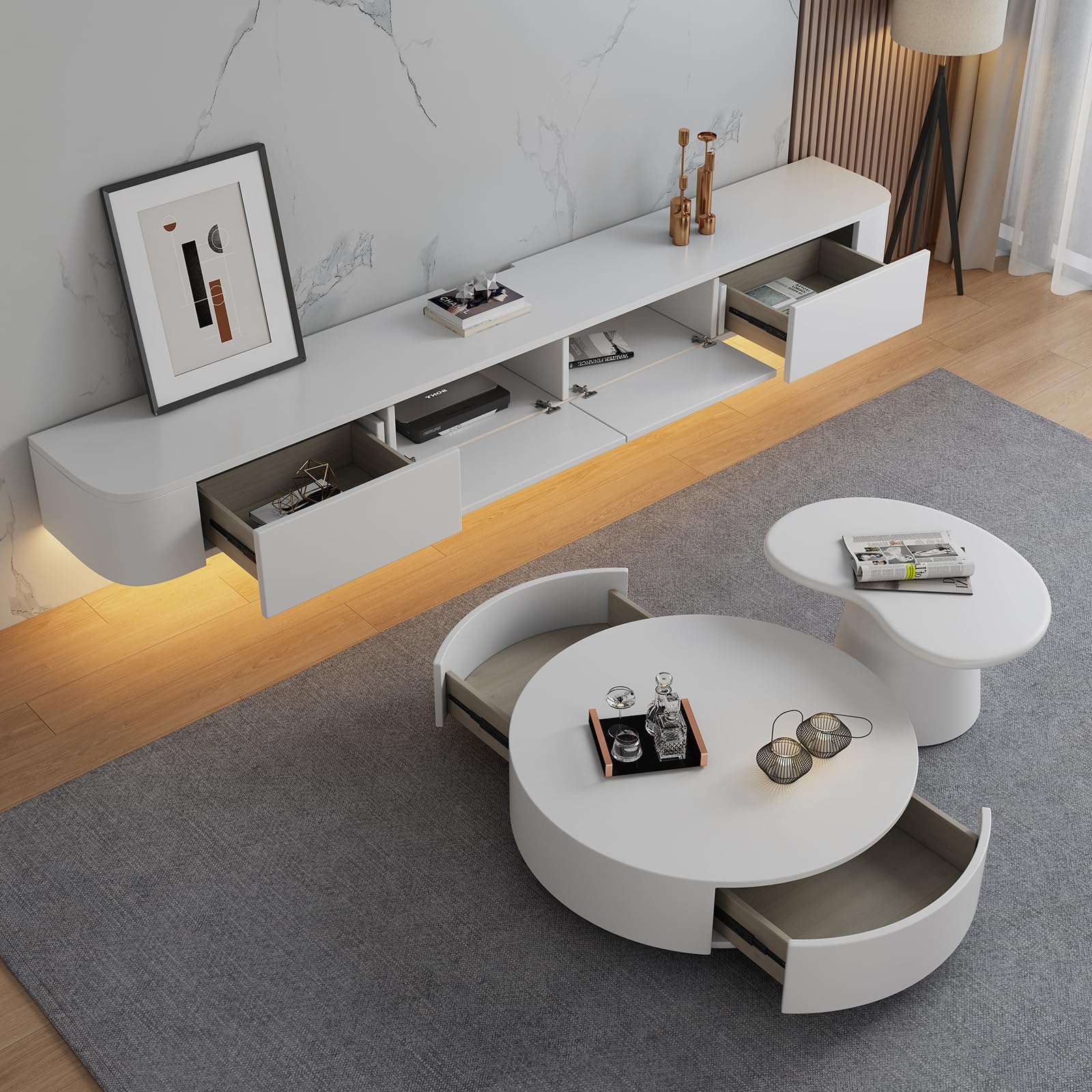 Supporto TV a parete, mensole a parete con porta, console multimediale, mobile TV a parete, grande panca portaoggetti sotto la televisione (bianco + LED, 220 cm)