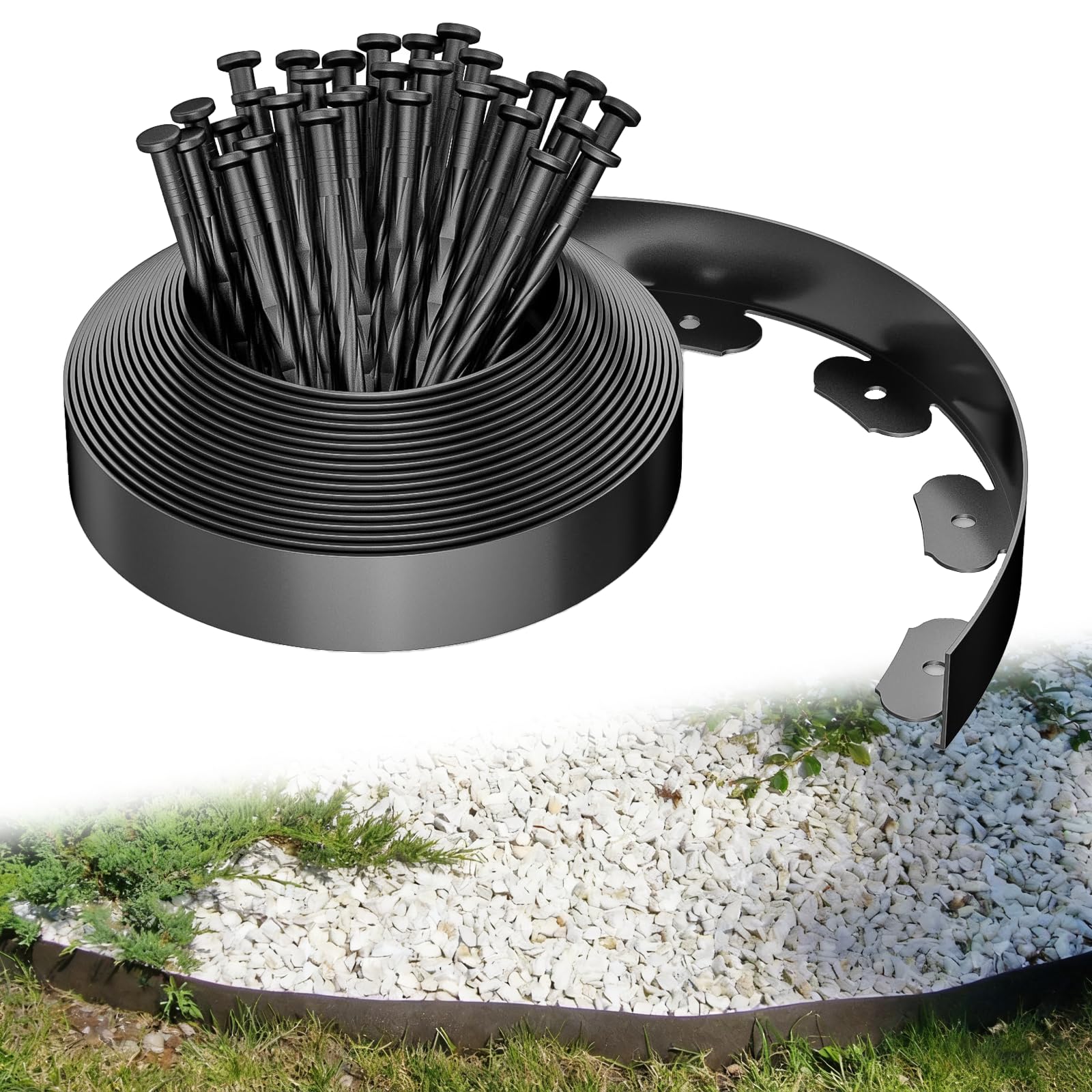 Lawn Edging,10M Garden Edging Border with 40 Pegs, Plastic Flexible Lawn Edging, Kit Mini Fence for Path Yard Flower Beds Pavement, Landscaping Garden Flower Beds (Black)
