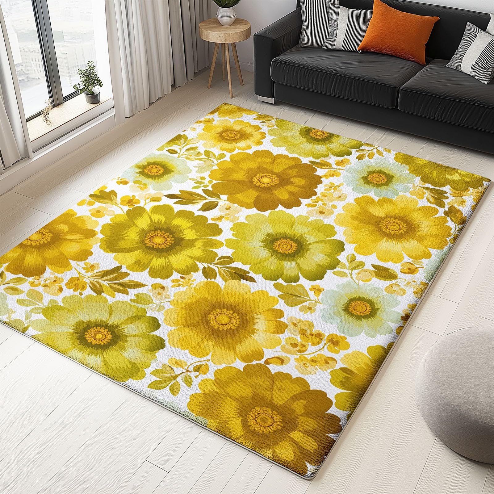Dywan dziecięcy Retro Kwiaty Rośliny 180 x 240 cm - Wycieraczka do drzwi do wnętrz i na zewnątrz Żółta antypoślizgowa i pyłoszczelna wodoodporna mata wejściowa dla nastolatków dziewcząt