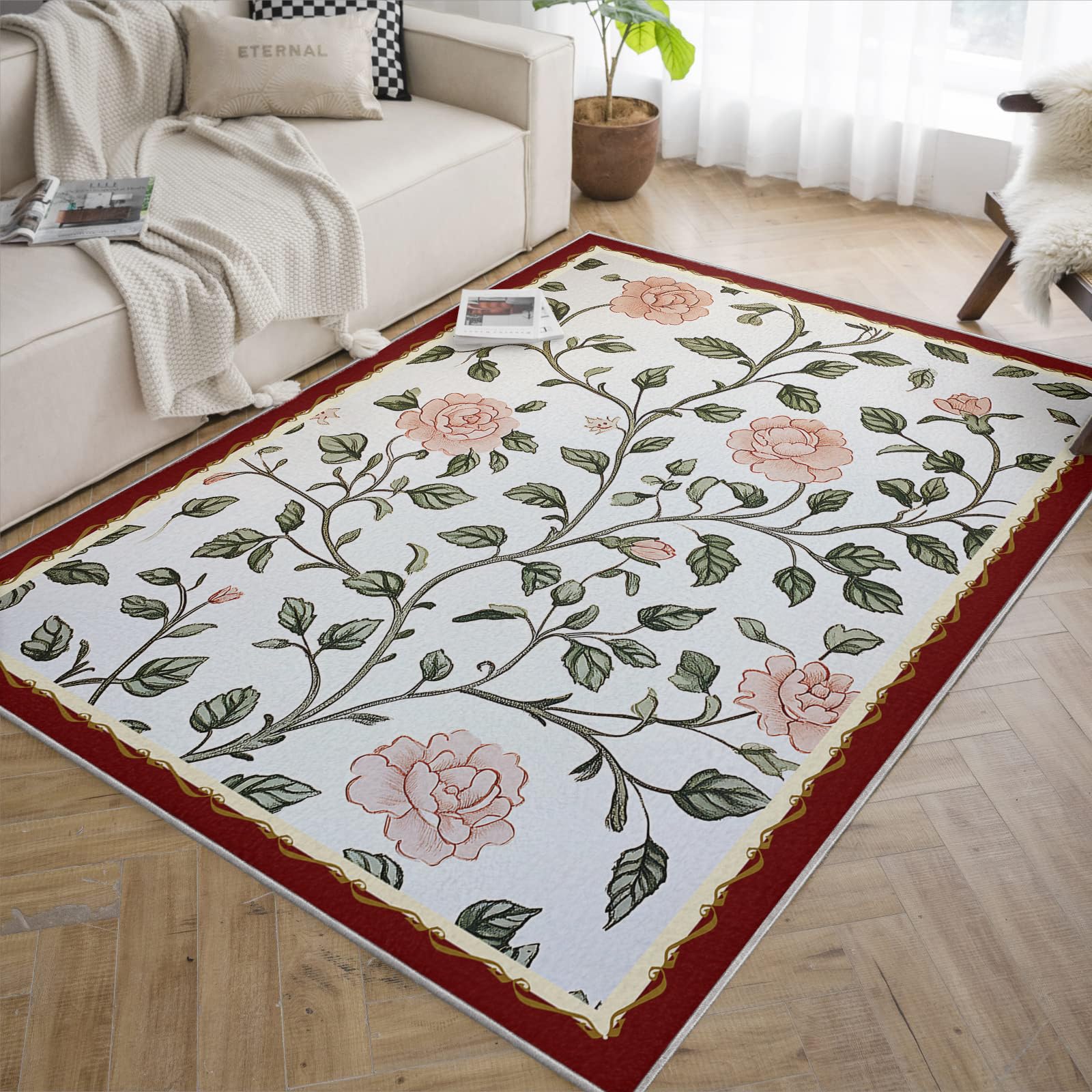 Tapis doux et facile à entretenir pour chambre d'enfant avec motif rose feuille verte