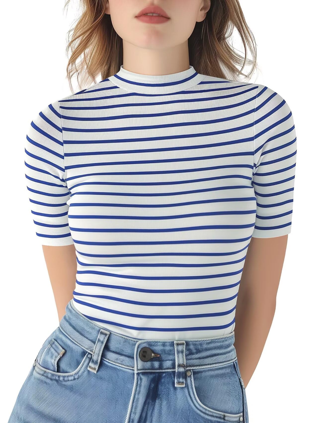 ZengjoStriped Tops for Women Short Sleeves Mock Turtle Neck Slim Fit T Shirt