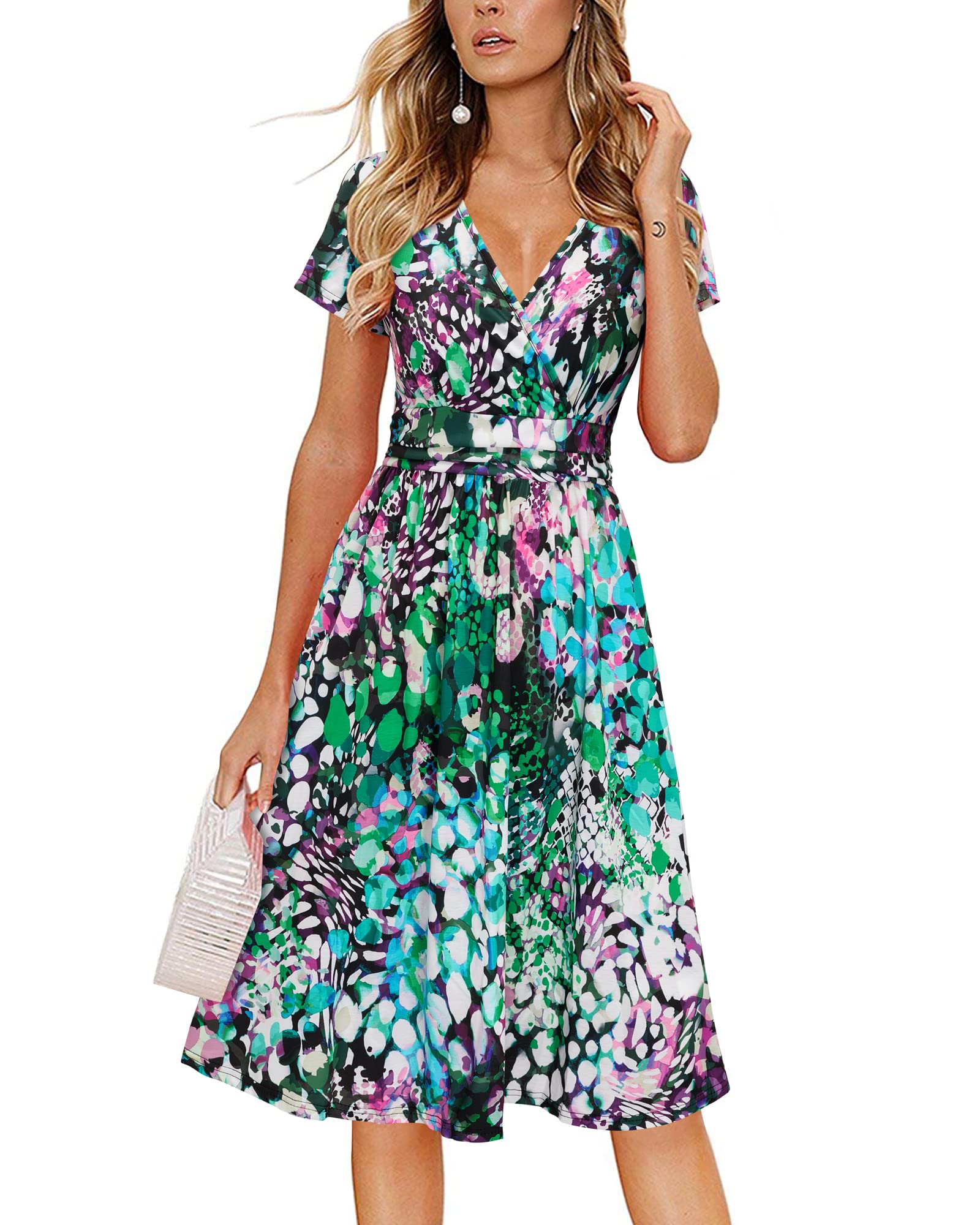 Newshows Women's Pockets Wrap V Neck Floral Summer Vacation Casual Sundress | Wrinkle Free, Stretchy, Summer Beach Floral Sundress 2026, Casual Dress for Vacation, Guaduation, Side Pockets, A-line