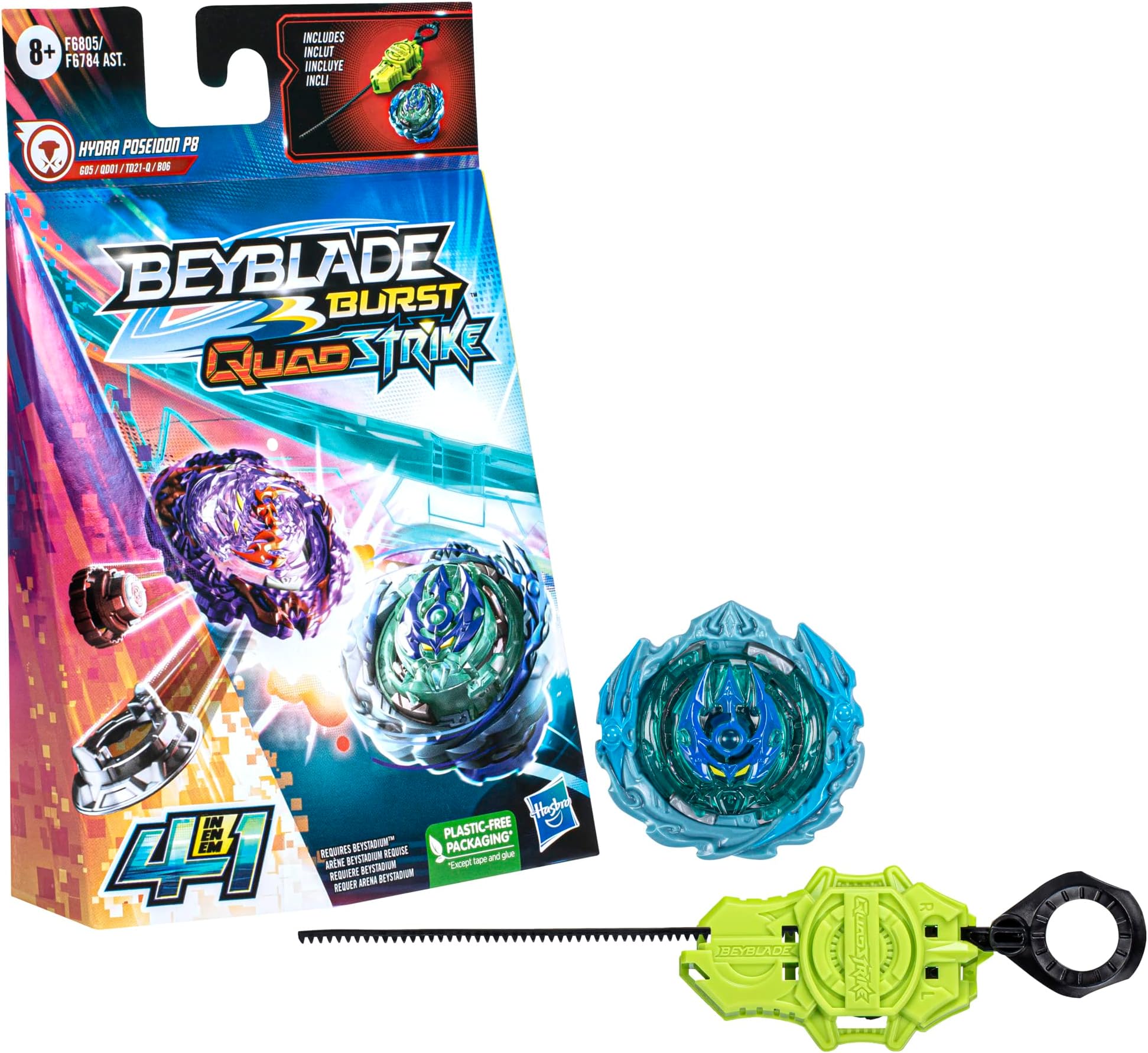 Beyblade Burst QuadStrike Hydra Poseidon P8 Spinning Top Starter Pack, Balance/Defense Type Battling Game with Launcher, Kids Toy Set
