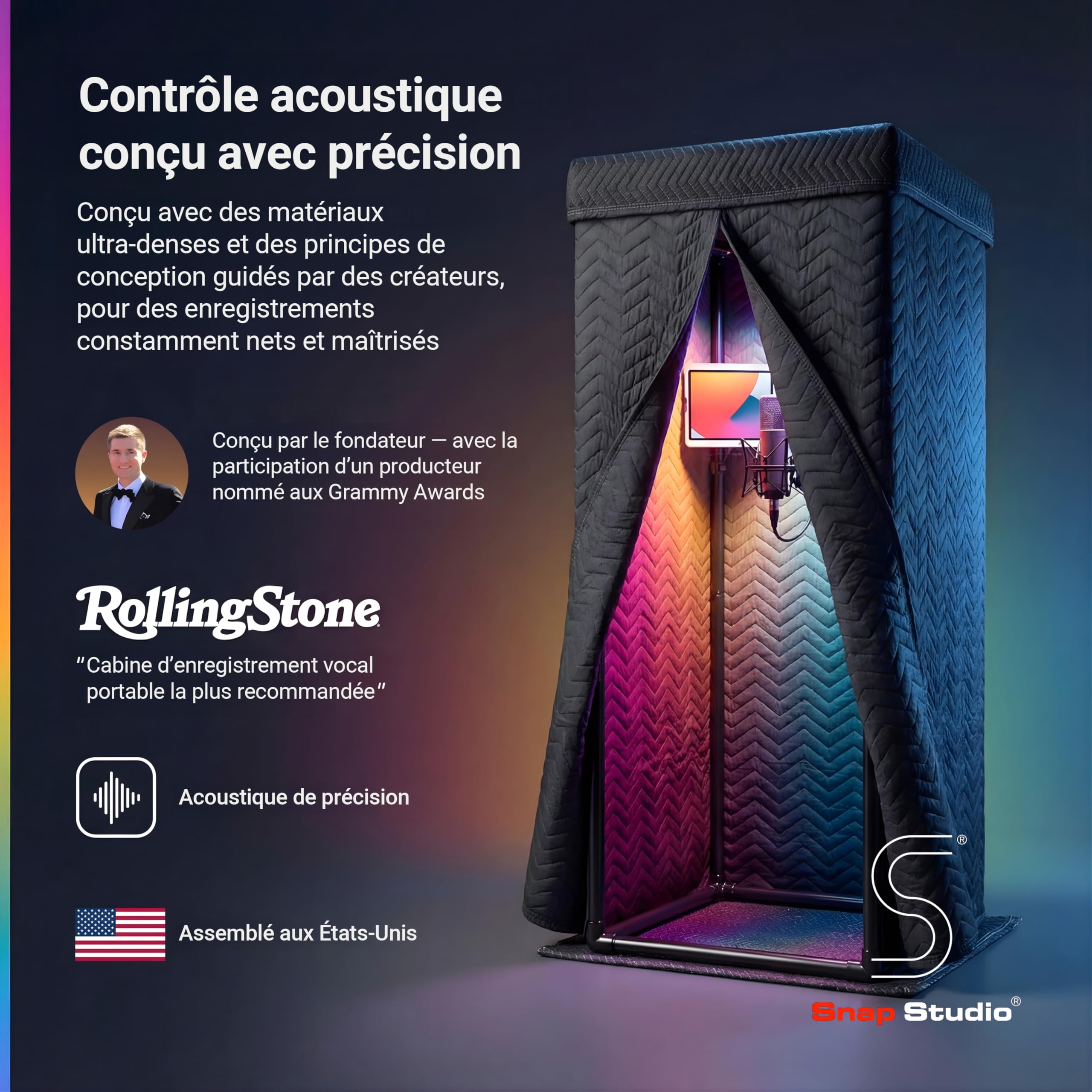 Snap Studio Cabine vocale – Cabine de son de studio n°1 recommandée pour enregistrer des voix sèches et sans écho. Réduction de la réverbération de 80% et isolation à 360 ° – Support à clipser,