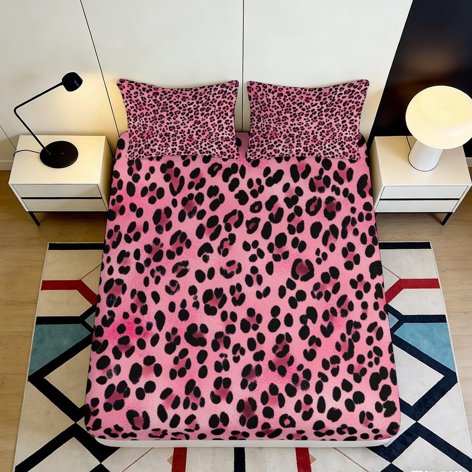 3D Printed Pink Leopard Fitted Sheet Microfiber Soft Durable Black Spots Bed Cover for Dormitory Bedroom Guest Room Mattress Protection 90x200x25cm