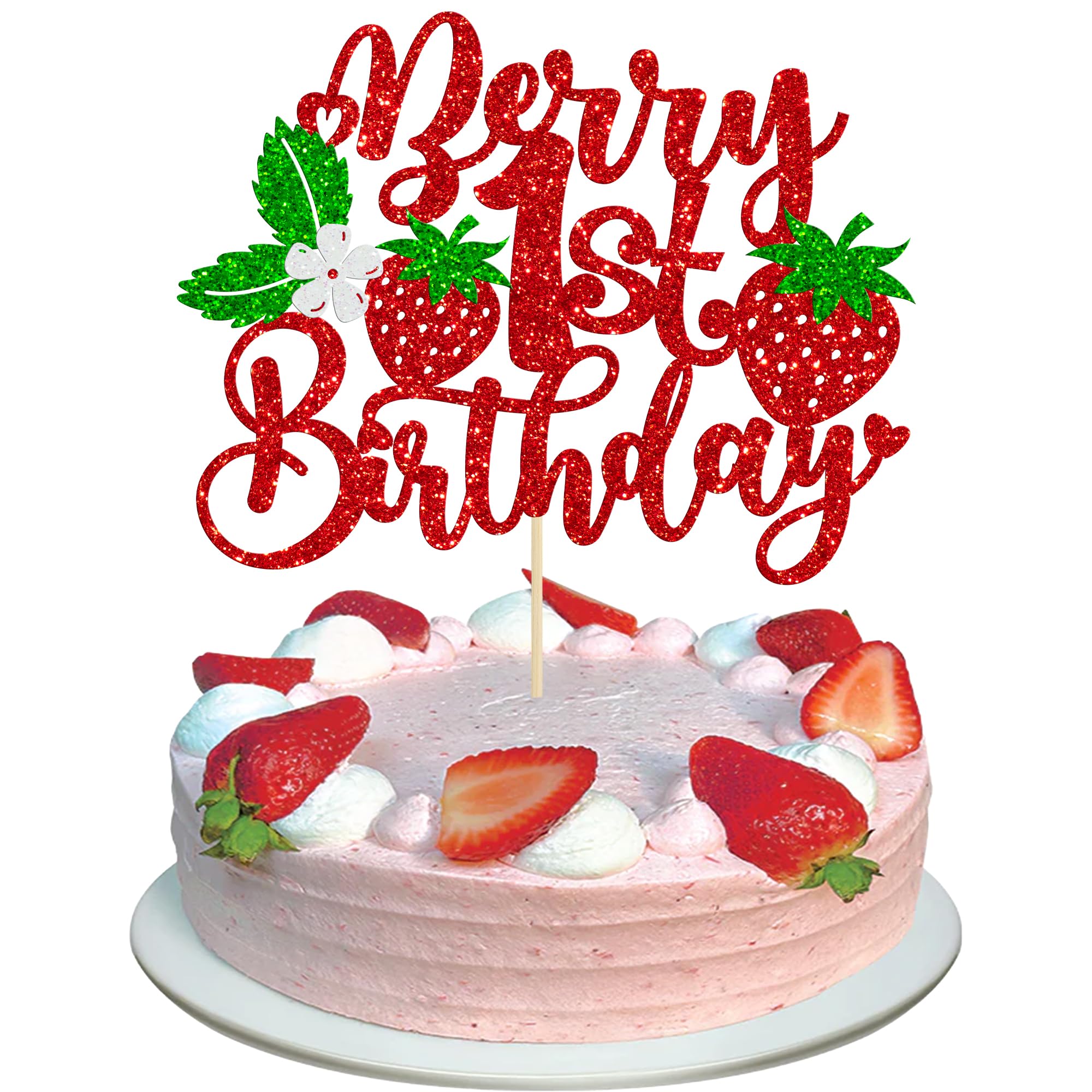 Gyufise 1Pc Berry 1st Birthday Cake Topper Glitter Flower Sweet Fruit Theme First Birthday Strawberry One Cake Pick for Strawberry Theme Baby Shower 1st Birthday Party Decorations Supplies Red 1st