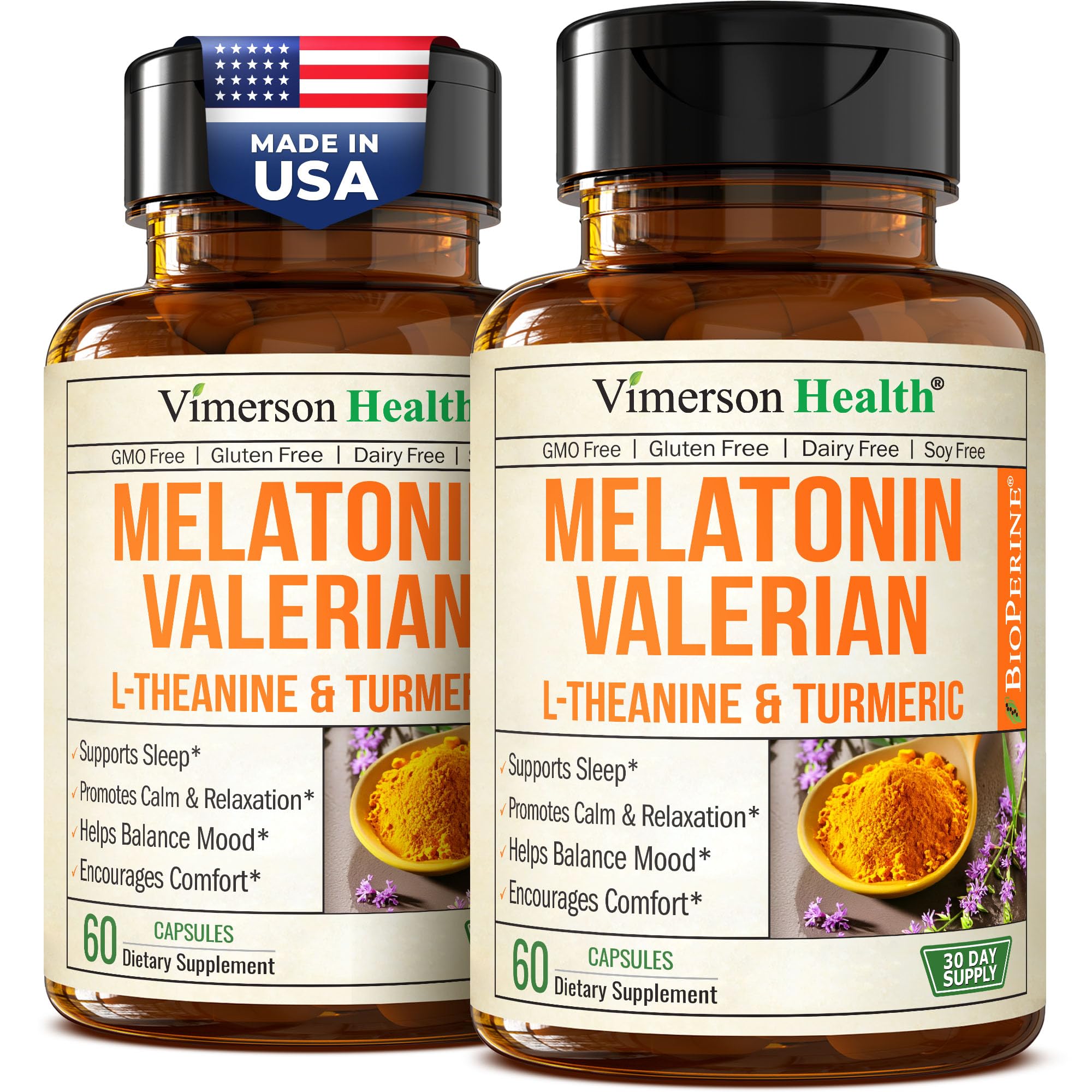 Melatonin Sleep Aid with L Theanine & Valerian Root – Turmeric Supplement – Turmeric Curcumin with Ginger & Black Pepper – L-Theanine & Melatonin 3mg for Sleep, Calm and Stress Relief – 2 Pack