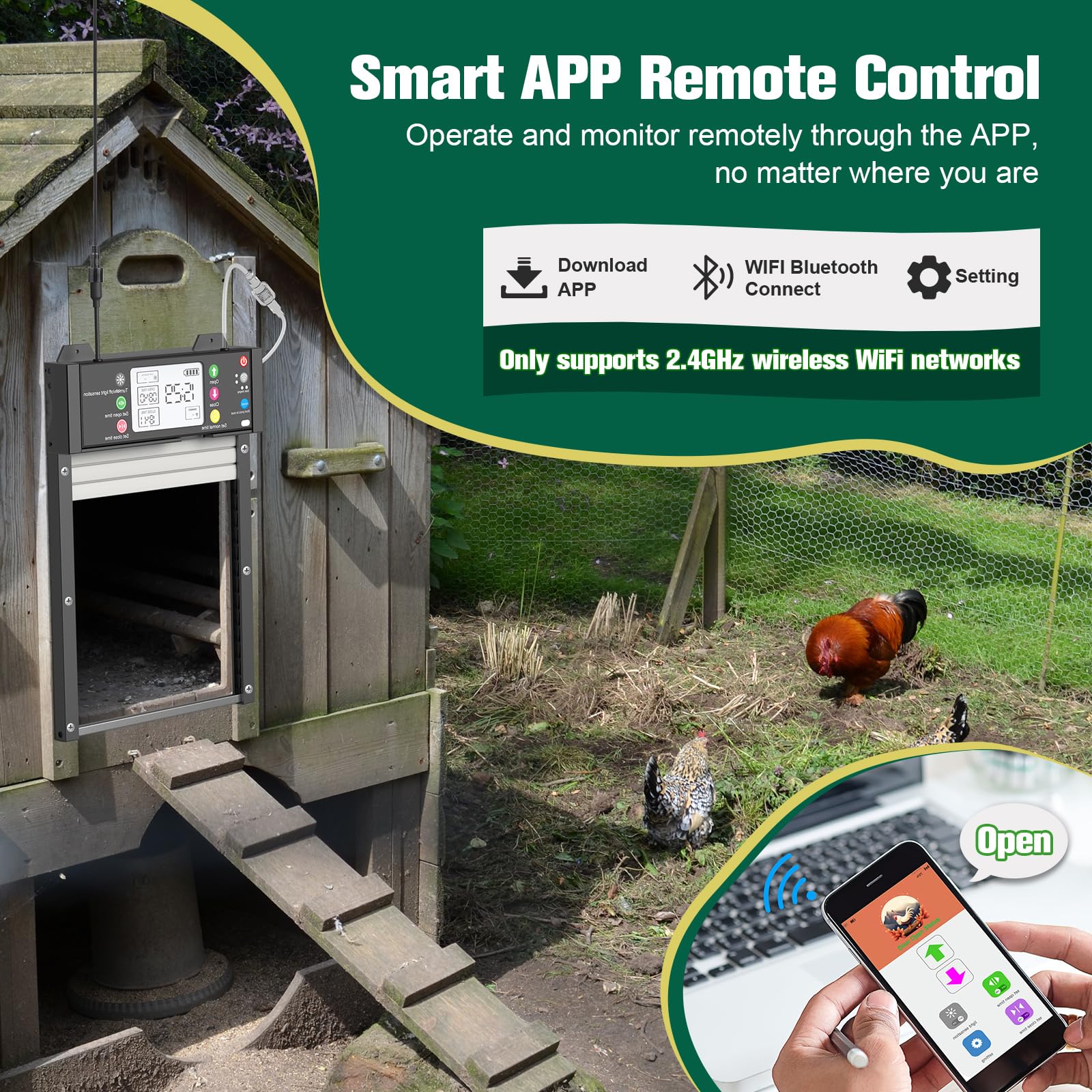 Puerta de pollo automática solar con aplicación, controlador, estado de puerta en tiempo real, puerta eléctrica automática con temporizador sensor de luz, mando a distancia